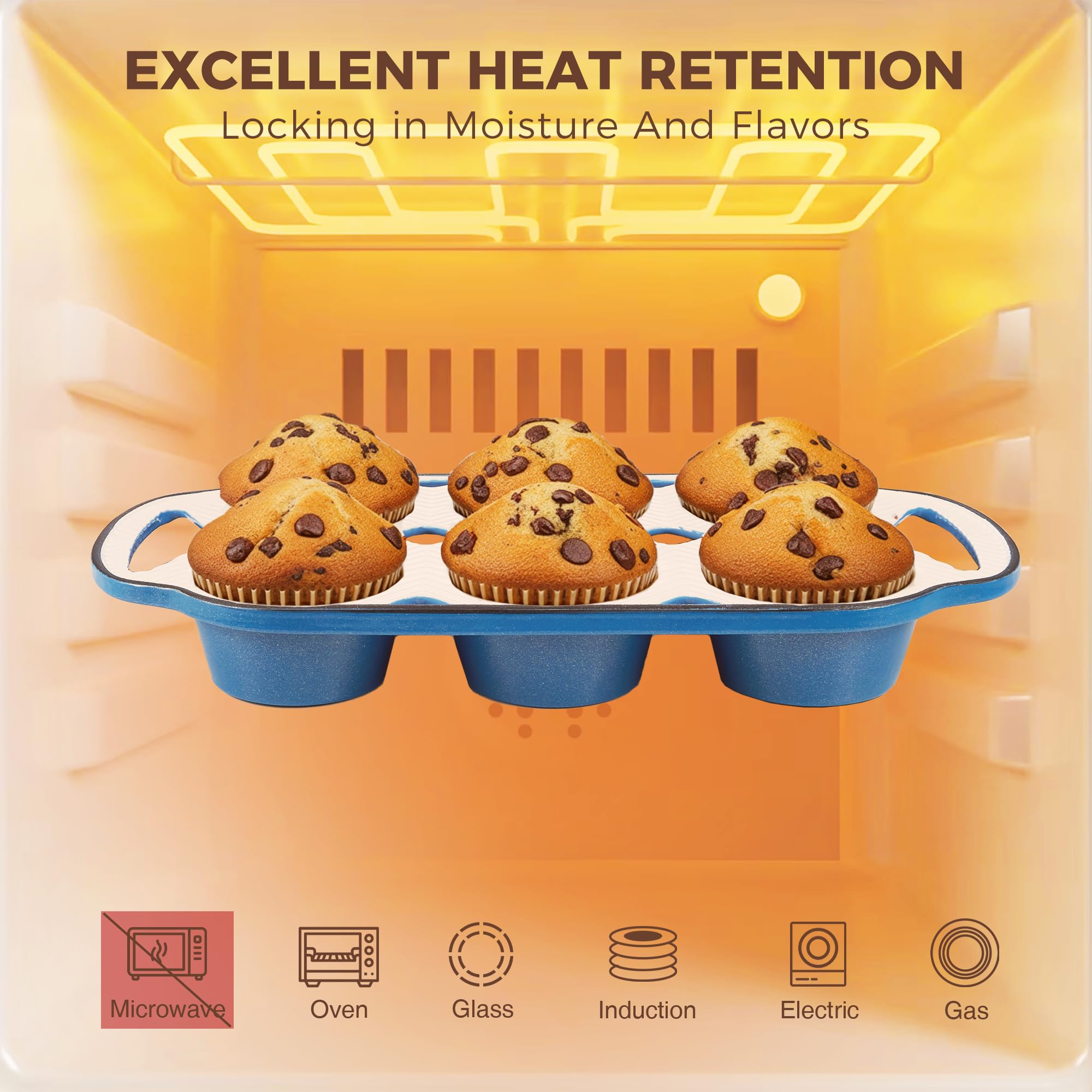 HONGBAKE Everline Collection Enameled Cast Iron Muffin Pan, Non Tocix Naturally Muffin Tin 6, Non Stick Cup Cake Pans for Baking, Oven & Stovetop Safe, Standard Size, 2 Pack, Blue
