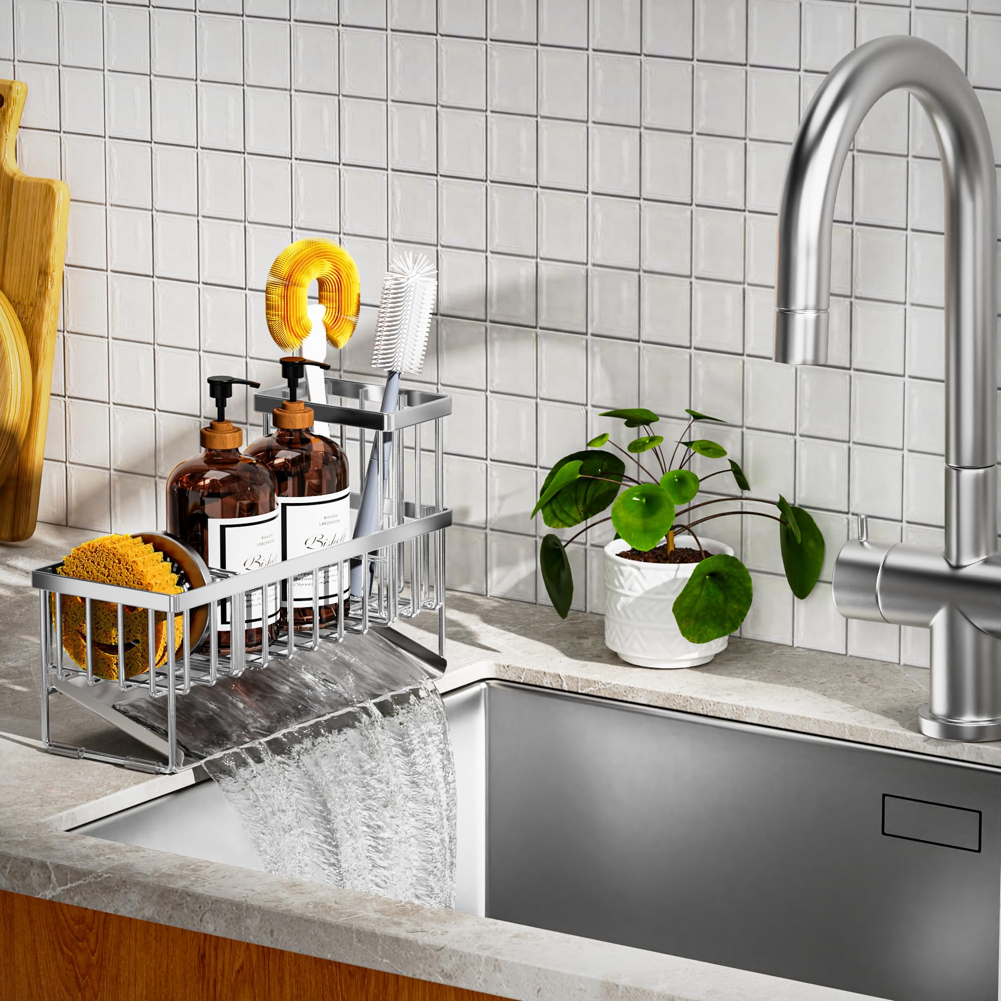 Cisily Sink Caddy Sponge Holder for Kitchen with Brush Holder and Stainless Steel Self Drain Tray, Rustproof Kitchen Sink Organizer for Sponge, Soap Dispenser Storage Accessories