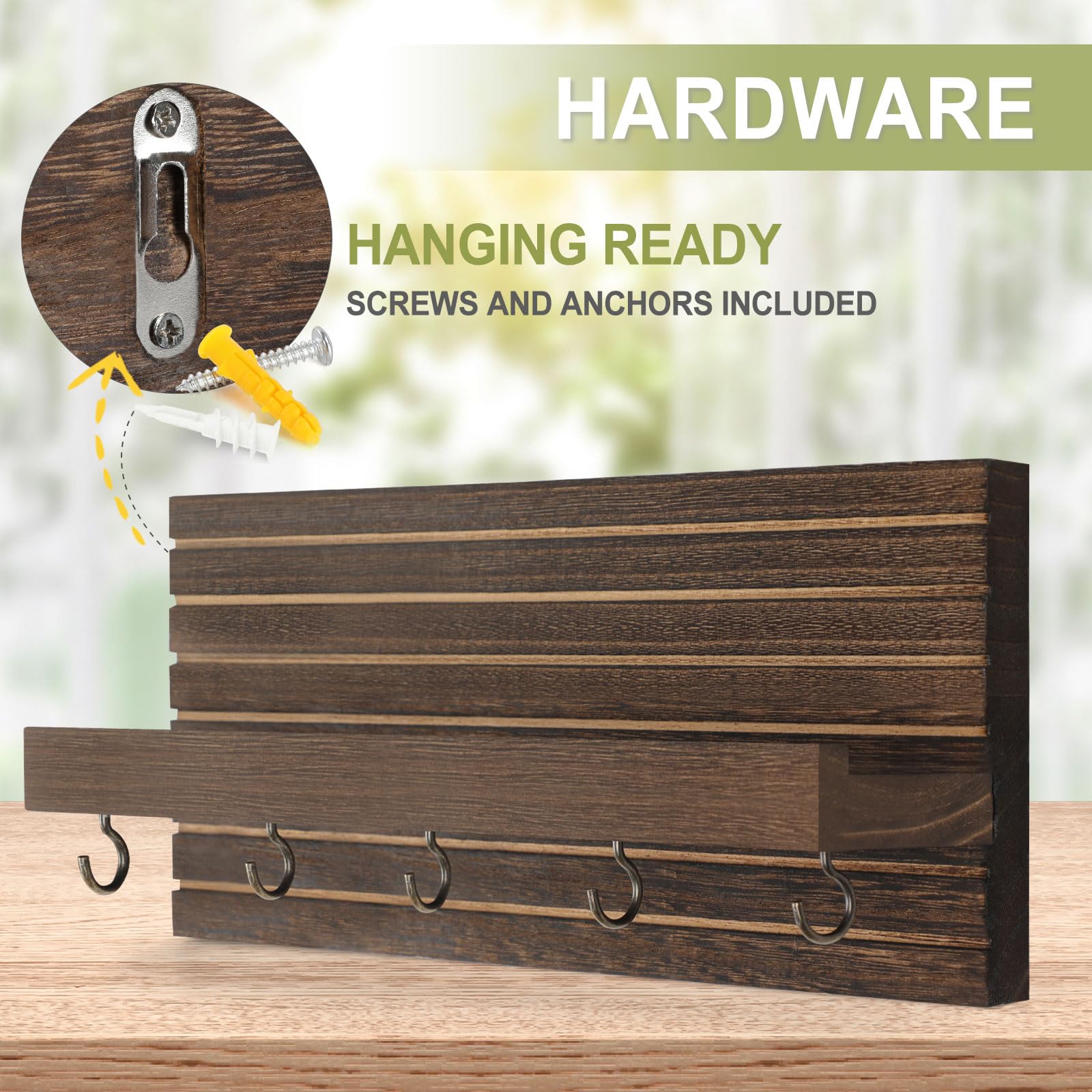 Decorative Key Holder for Wall with Shelf, Entryway Shelf with Hooks Holds Leashes, Jackets and Glasses – Sturdy Wood Keyholder Entrance Hanger with Mounting Hardware (Black, Medium)