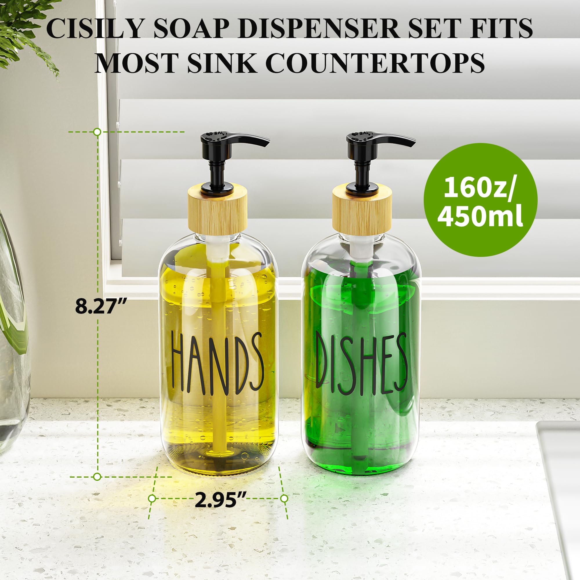 Cisily Kitchen Dish Soap Dispenser Set with 2 Pack 16.9oz Amber Glass Bottle and Sponge Holder, Dish Soap Dispensers with Adjustable Sponge Holder, Vintage Hand and Dish Soap Dispensers Set