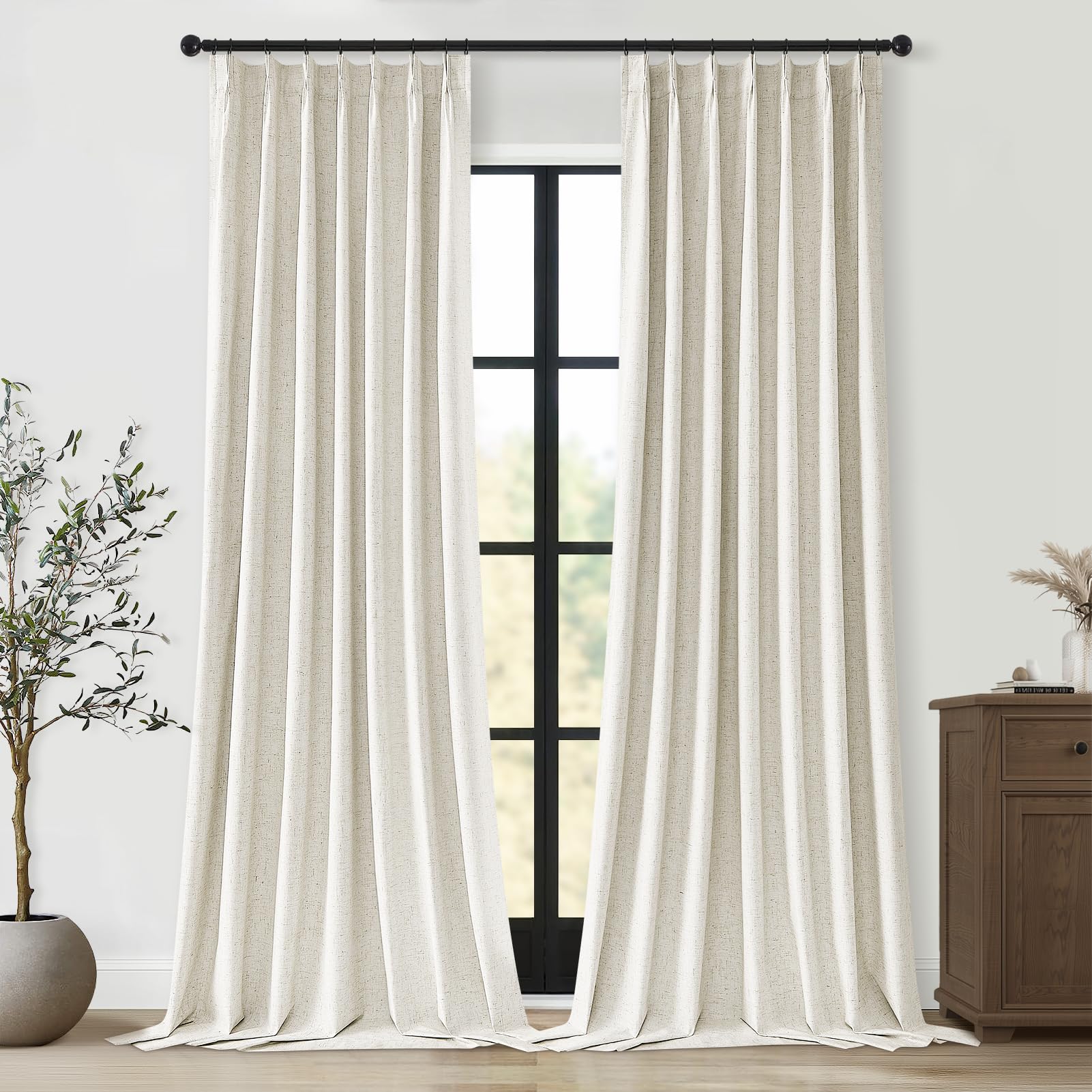 Topfinel Pinch Pleated Curtains 96 Inch Long, 100% Blackout Thermal Insulated Natural Linen Pinch Pleat Viral Drapes with Hooks Rings 2 Panel Sets, Neutral Beige Ivory 8FT Back Tab Window Curtains