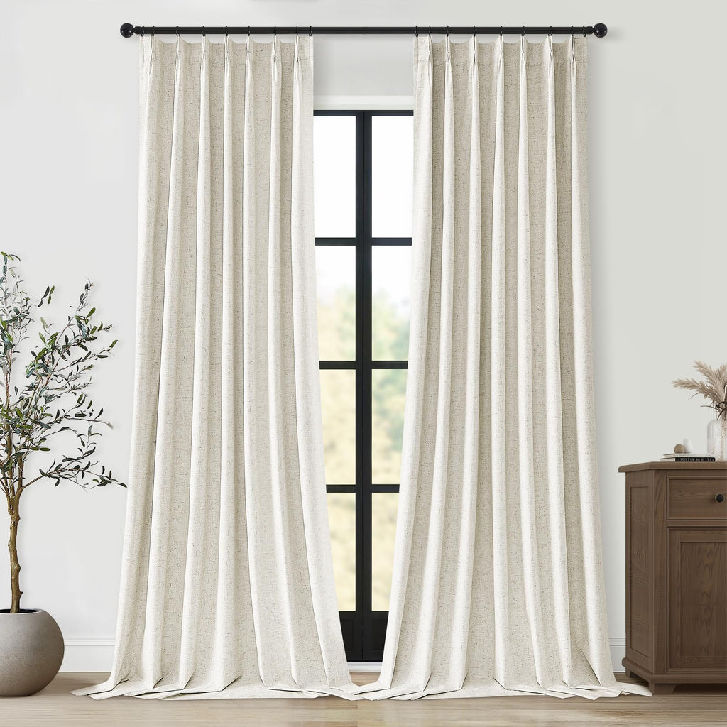Topfinel Pinch Pleated Curtains 96 Inch Long, 100% Blackout Thermal Insulated Natural Linen Pinch Pleat Viral Drapes with Hooks Rings 2 Panel Sets, Neutral Beige Ivory 8FT Back Tab Window Curtains