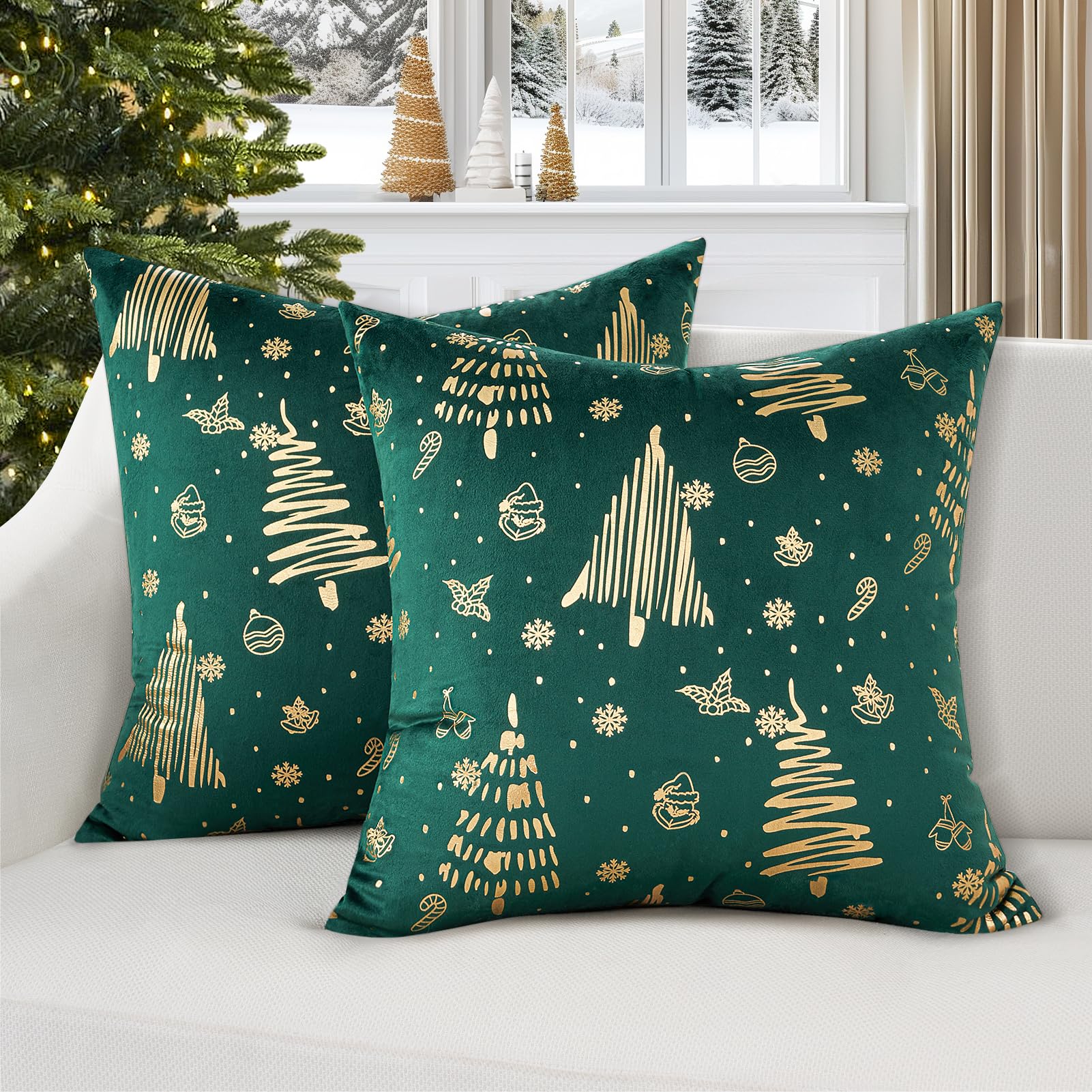 Topfinel Christmas Velvet Throw Pillow Covers Set of 2,Decorative Pillow Cover Red Xmas Gold Stamping Cushion Cases for Bedroom Livingroom Couch Christmas Indoor Home Decor 18x18 Inches
