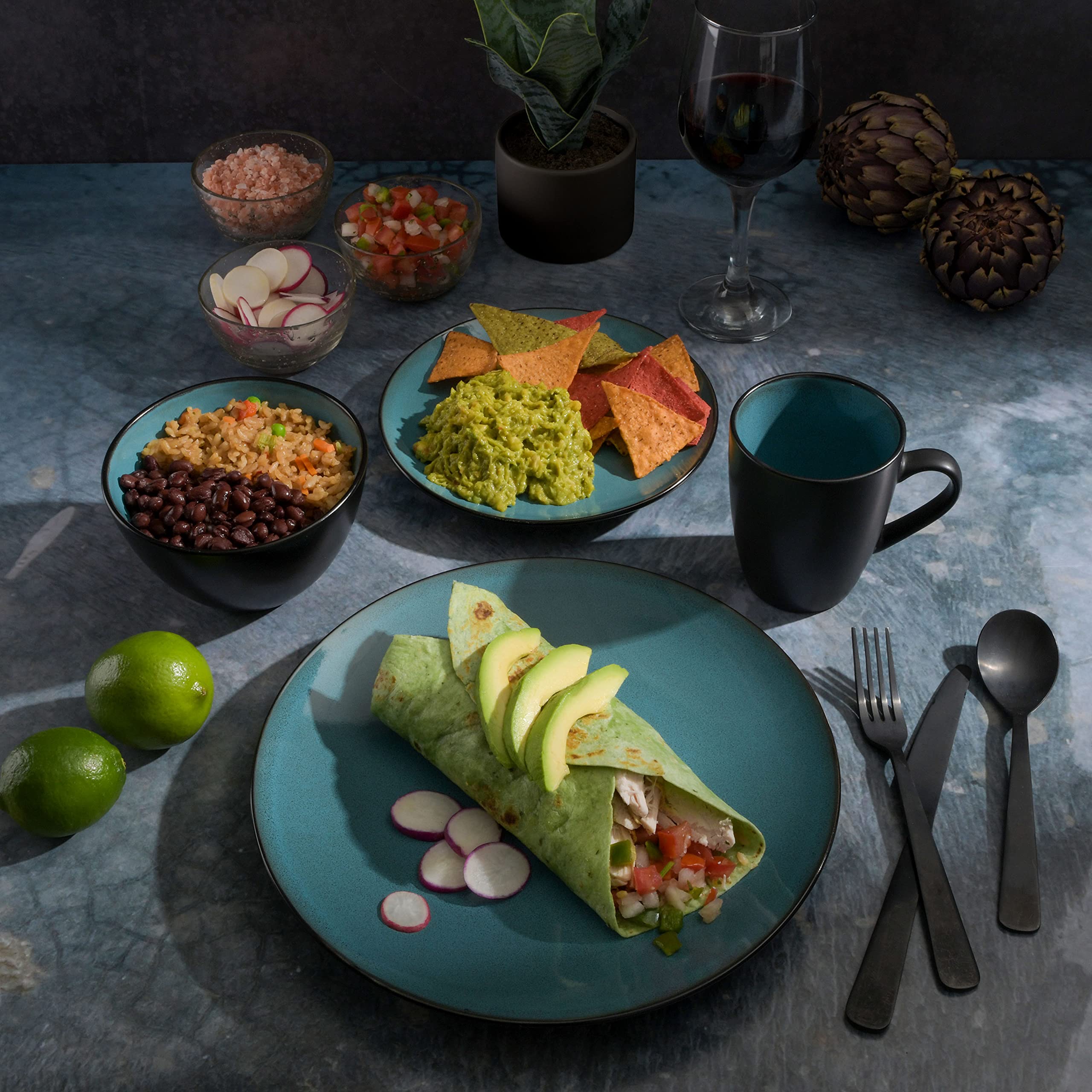 Gibson Elite Soho Lounge Round Reactive Glaze Stoneware Dinnerware Set, Service for 4 (16pc), Blue, Soho Round.
