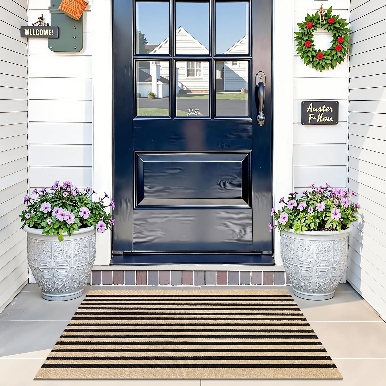 OLANLY Black and White Striped Rug 2'4" x 3'7" (27.5" x 43") – Washable Cotton Indoor Outdoor Doormat for Front Door, Entryway, Kitchen, Porch, Patio Decor
