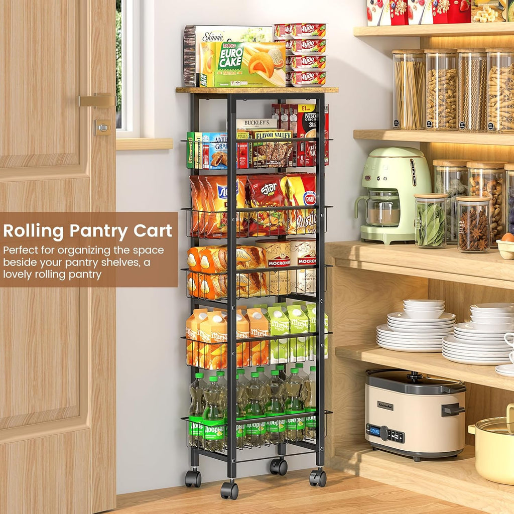 6 Tier Slim Storage Cart with Pull Out Basket, Wooden Top Rolling Kitchen Cart with Lockable Wheels, Metal Wire Fruit Vegetable Storage Basket Narrow Utility Organizer for Kitchen, Bathroom, Laundry