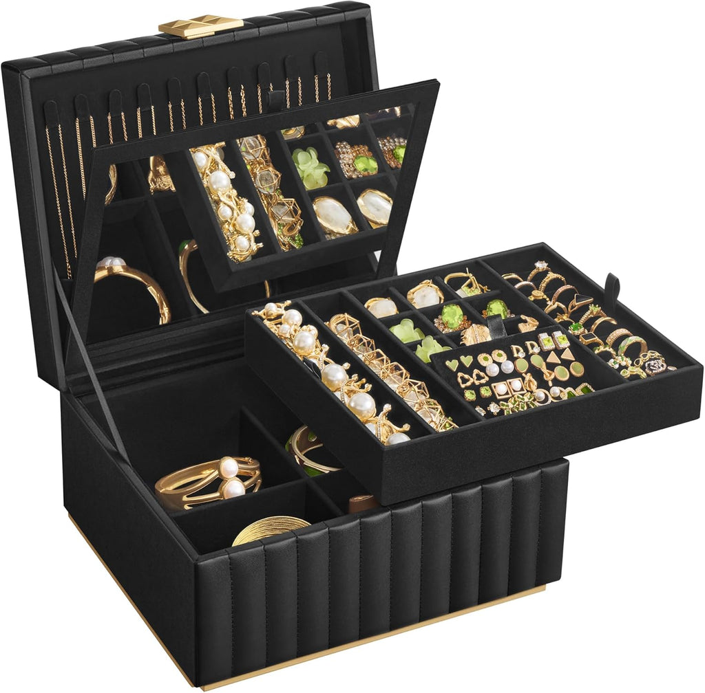 SONGMICS HOME 2-Tier Jewelry Box with Mirror, Jewelry Organizer, Removable Tray, PU Surface with Stitching, Floating Effect, 8.5 x 9.4 x 5.3 Inches, Ink Black, ANAH Collection UJBC182B01