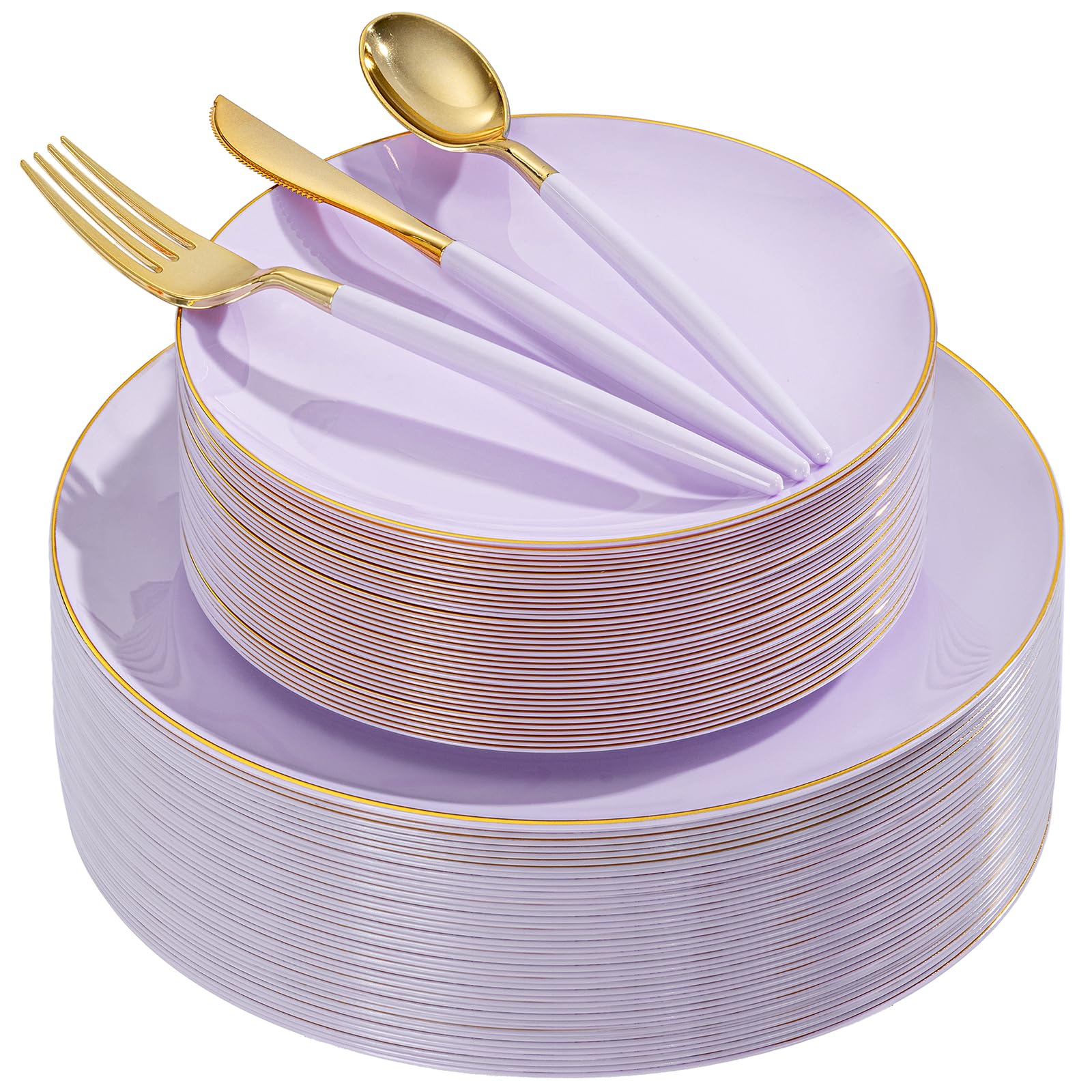 DaYammi 150Pcs Gold Plastic Plates with Disposable Silverware,White Gold Disposable Dinnerware Set - 30 Dinner Plate,30 Dessert Plate,90 Gold Cutlery with White Handles,Fancy Plates for Party Wedding