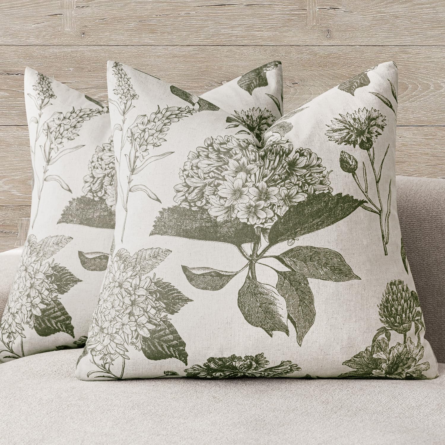 Foindtower Set of 2 Linen Floral Vintage Throw Pillow Covers Neutral Accent Print Decorative Cushion Covers Farmhouse Boho Home Decor for Sofa Chair Couch Bedroom Living Room,18×18 Inch,Blue