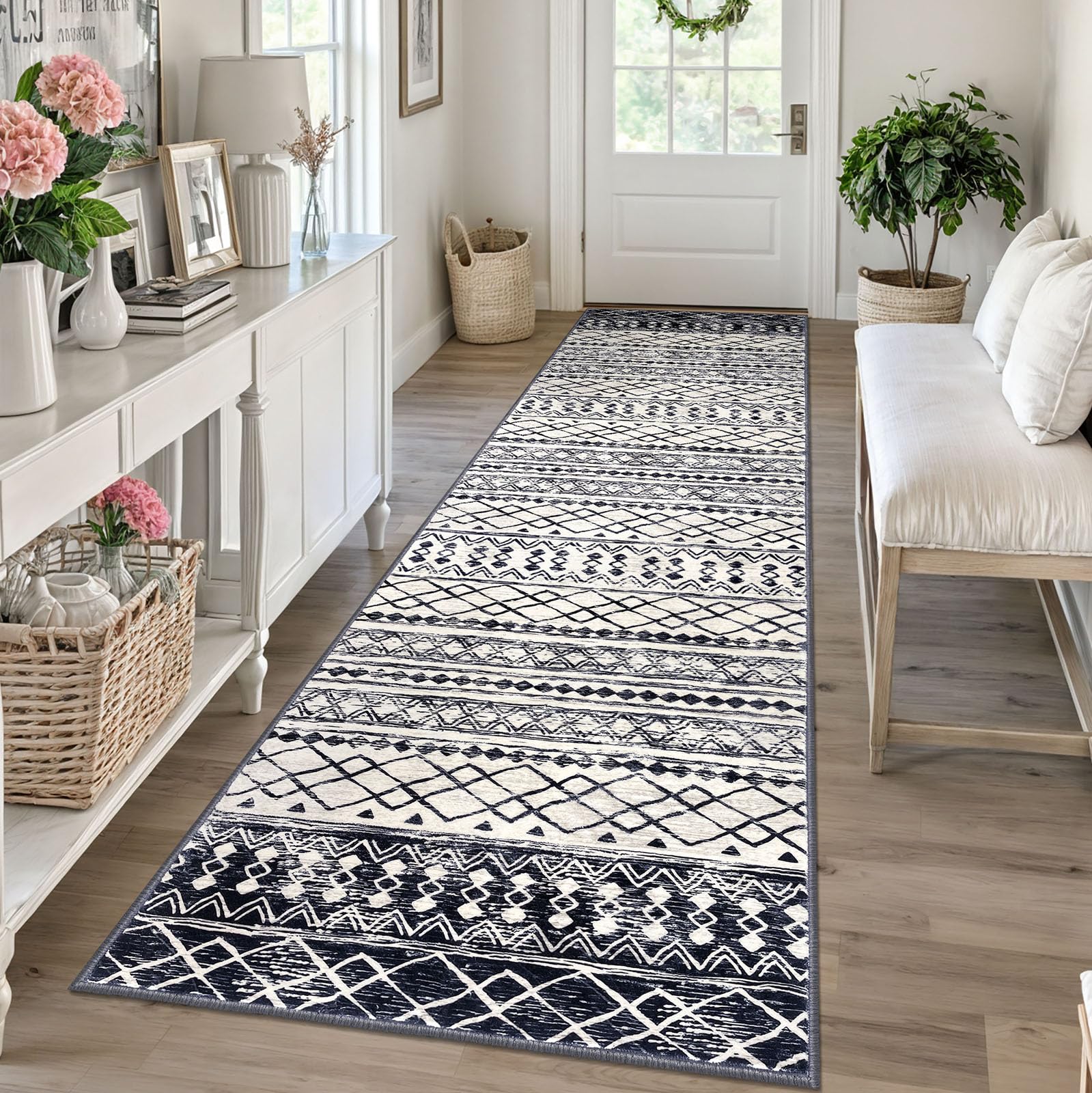 KUTA Washable Non-Slip Rugs for Entryway 2x3, Grey Moroccan Boho Small Area Rug, Ultra Soft Vintage Geometric Low-Pile Indoor Door Mat Floor Carpet for Indoor, Entrance, Kitchen, Bathroom, Bedroom