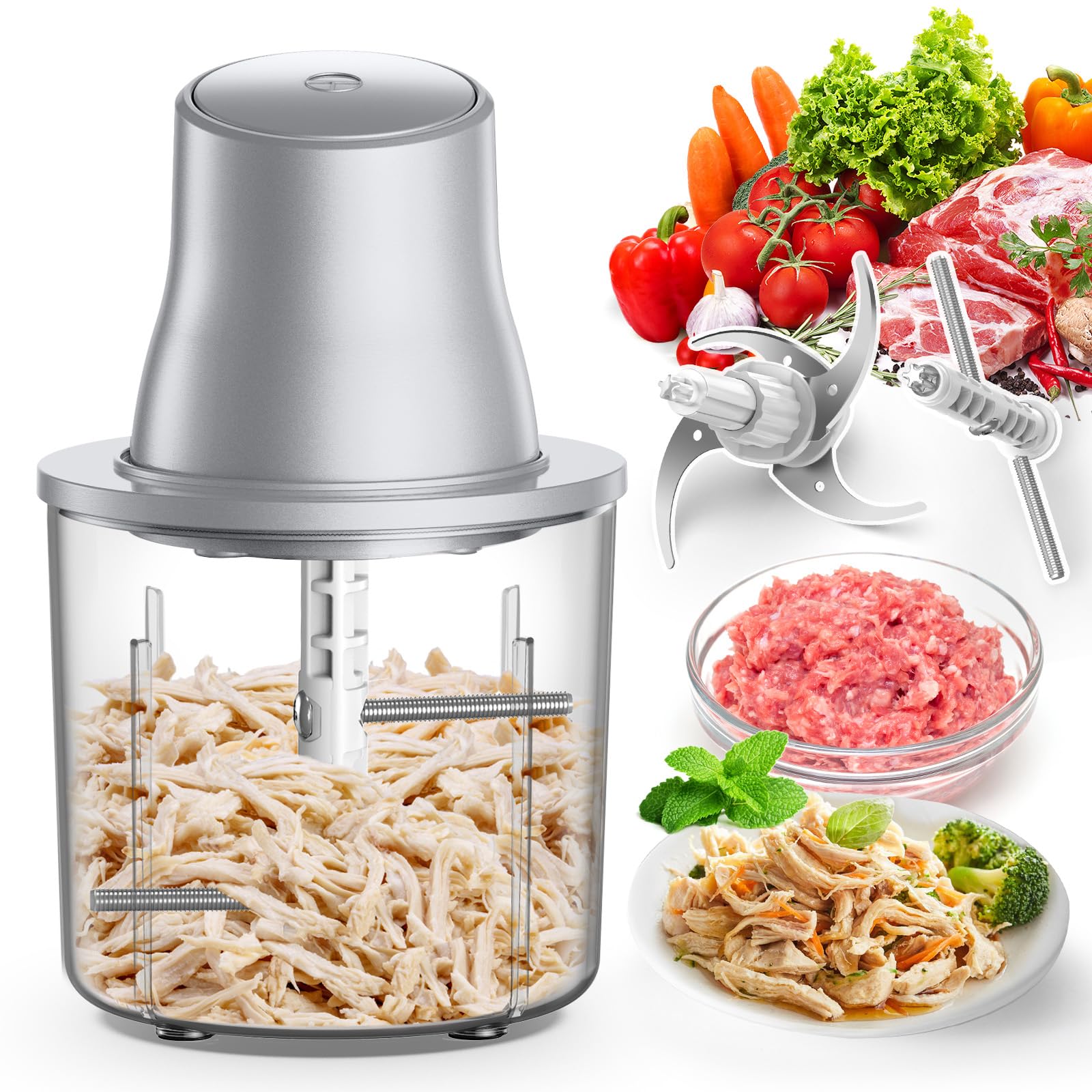 Food Processors, 2 IN 1 Electric Chicken Shredder &Food Chopper with 250W Copper Motor,1.5L Bowls & 2 Bi-Level Blades,One-Touch Electric Chicken Breast Shredder Tool-Smart Overheat Protection