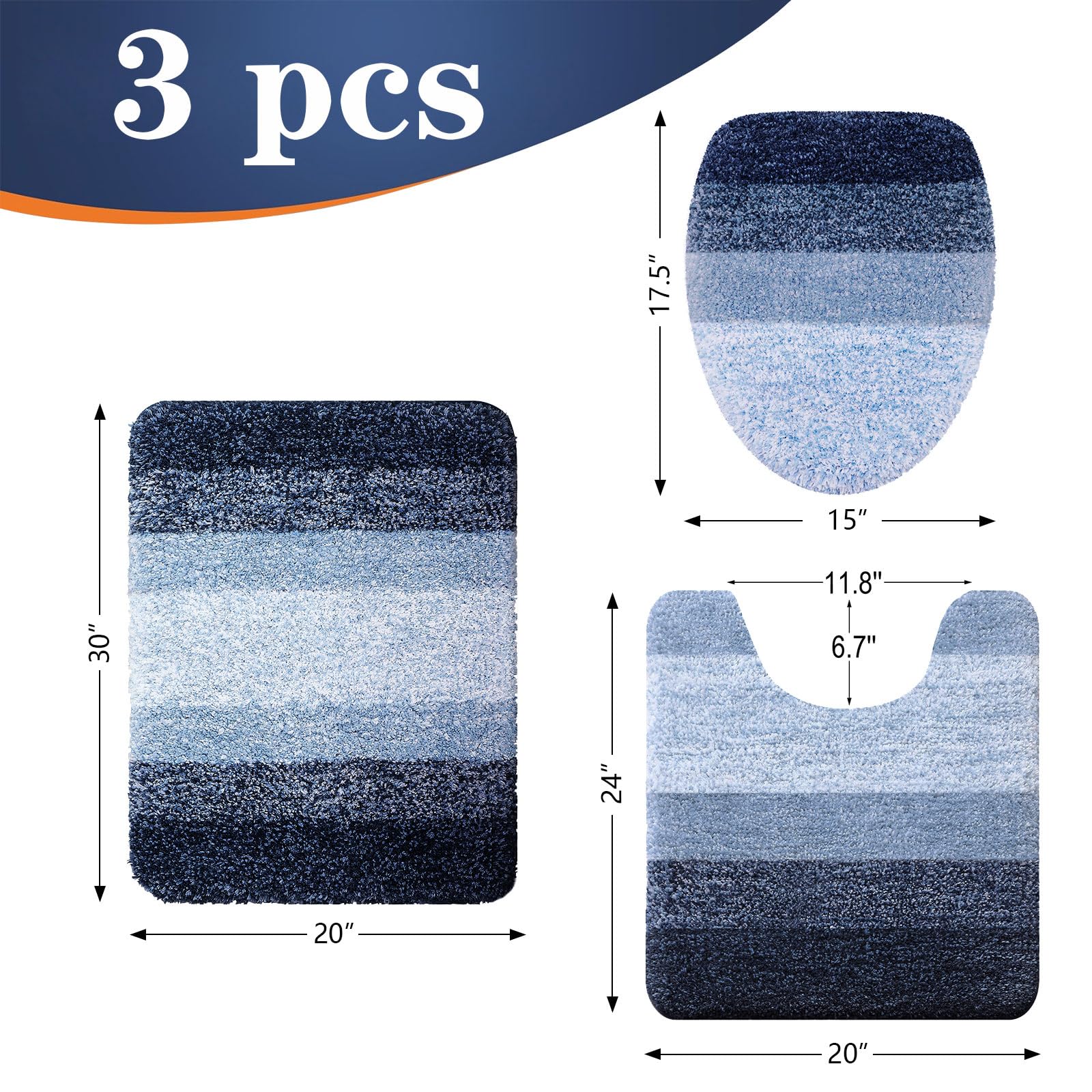 OLANLY Bathroom Rugs Sets 3 piece, Soft Microfiber Absorbent Bath Mat, U-Shaped Contour Toilet Mat and Toilet Lid Cover, Quick Dry, Machine Washable, Toilet Cover and Rug Set for Bathroom, Grey