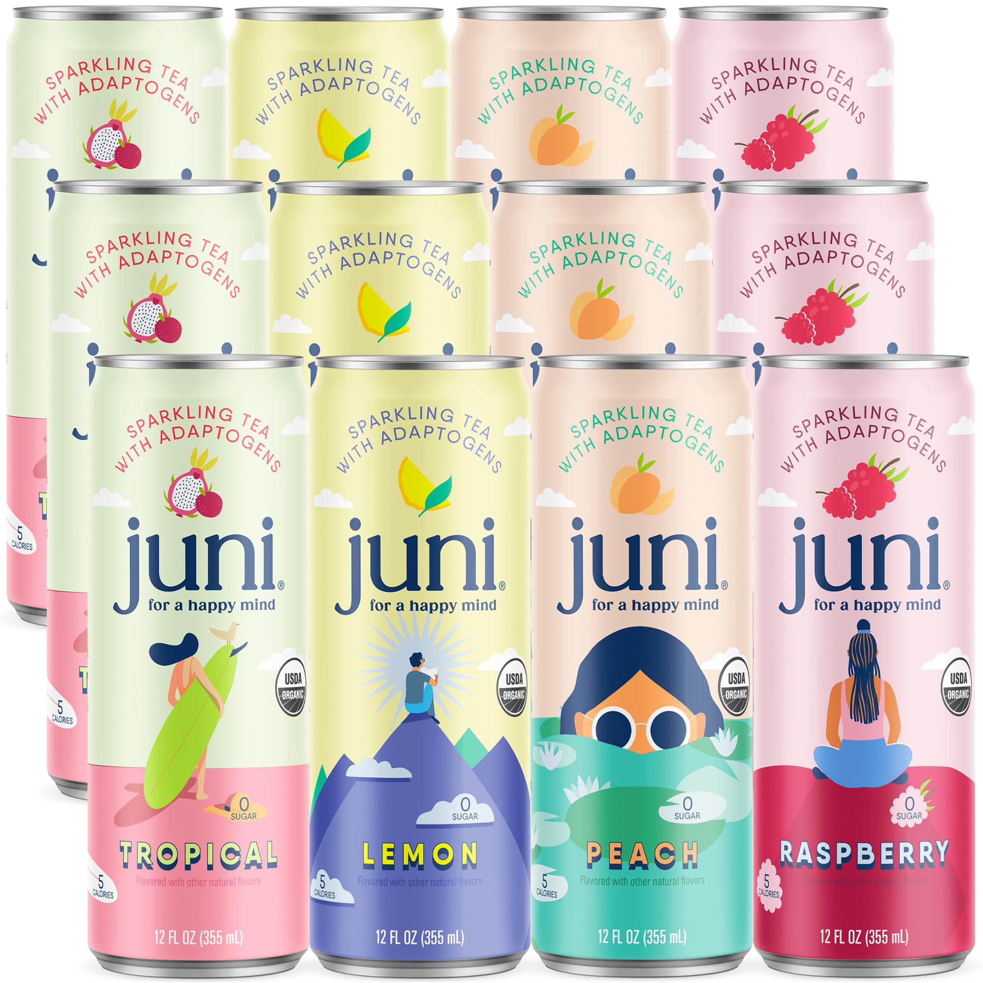 Juni Sparkling Adaptogen Drink with Ashwagandha, Lion’s Mane & Reishi Mushrooms | Green Tea for Focus, Zero Sugar, 5 Calories, Organic | Non Alcoholic Drinks - Variety Pack 12 pack
