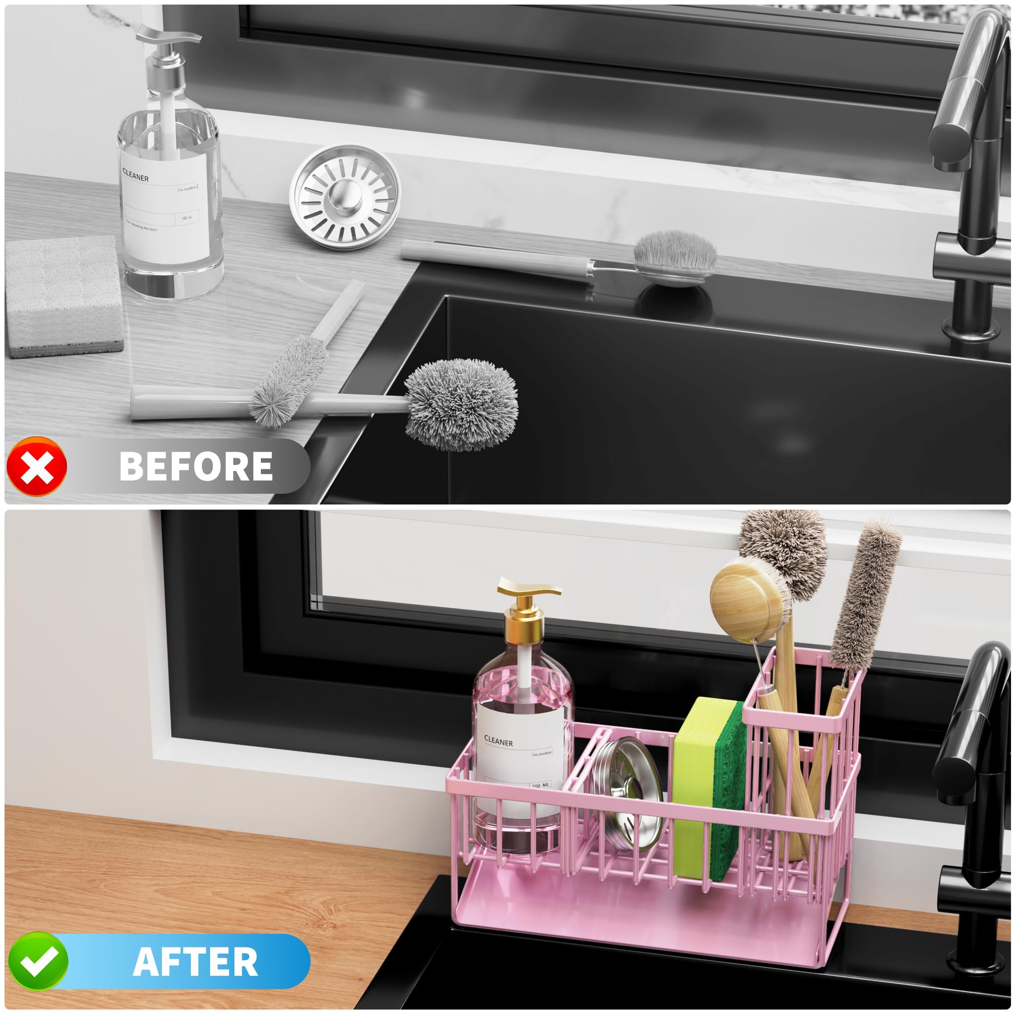 Cisily Sink Caddy Sponge Holder for Kitchen with Brush Holder and Stainless Steel Self Drain Tray, Rustproof Kitchen Sink Organizer for Sponge, Soap Dispenser Storage Accessories