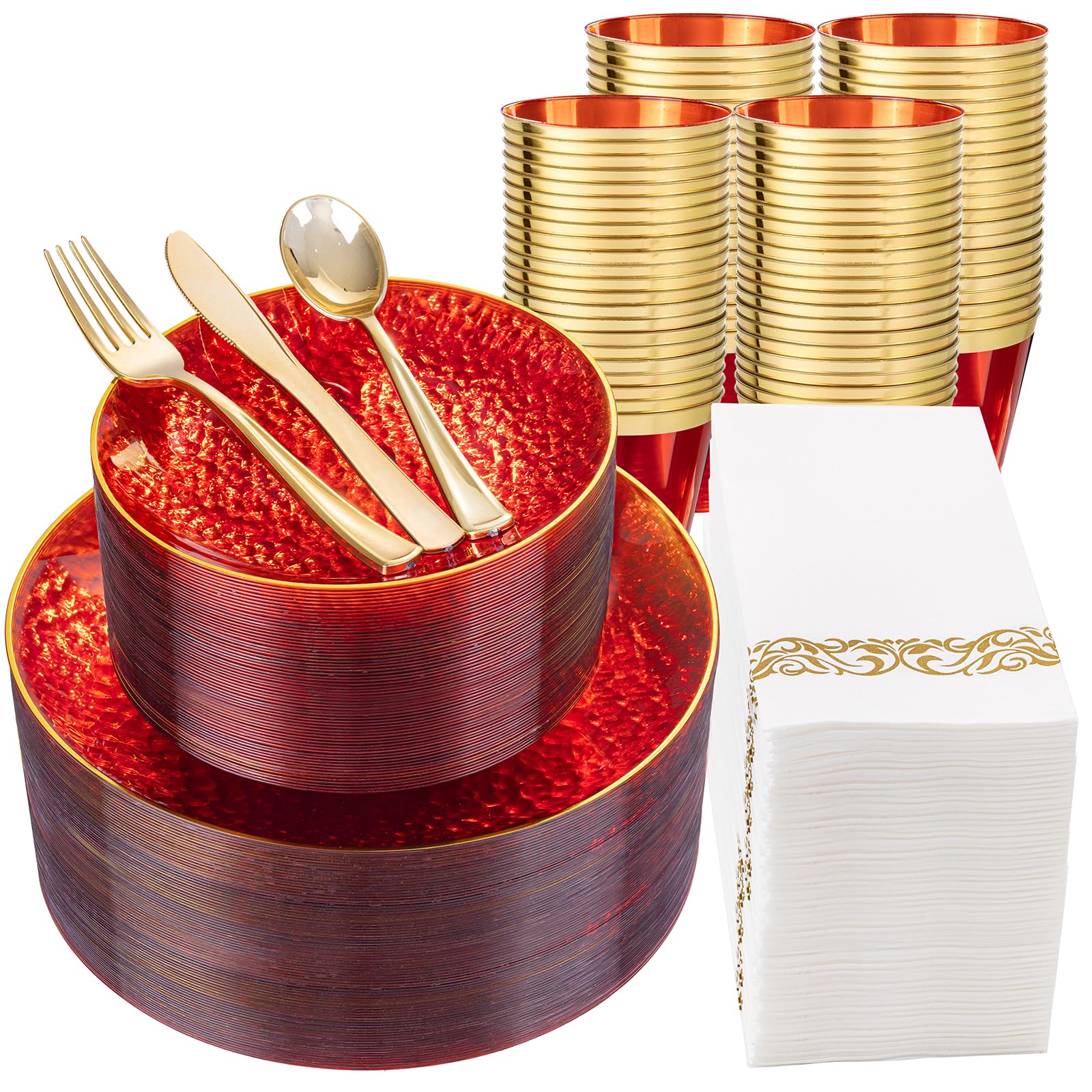 DaYammi 350PCS Clear Gold Plastic Dinnerware Set for 50 Guests, Hammered Disposable Plates for Party, Include: 50 Dinner Plates, 50 Dessert Plates, 150 Gold Silverware, 50 Napkins, 50 Cups