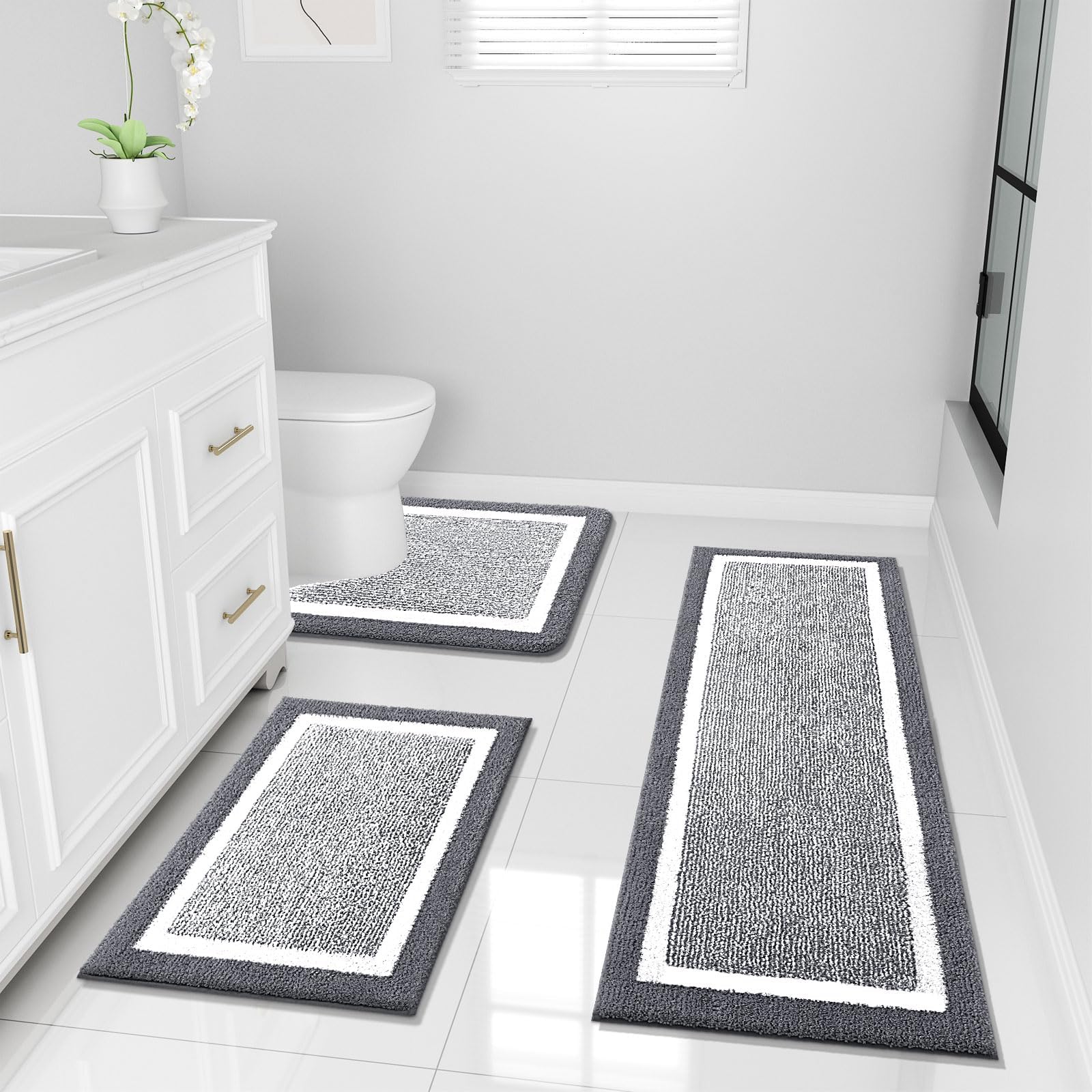 OLANLY Bathroom Rugs Sets 3 Piece, Soft Absorbent Microfiber Bath Mats and U-Shaped Contour Toilet Rug, Home Decor Accessories, Non-Slip, Bath Mat Set for Bathroom (30"x20"+24"x16"+24"x20", Grey)
