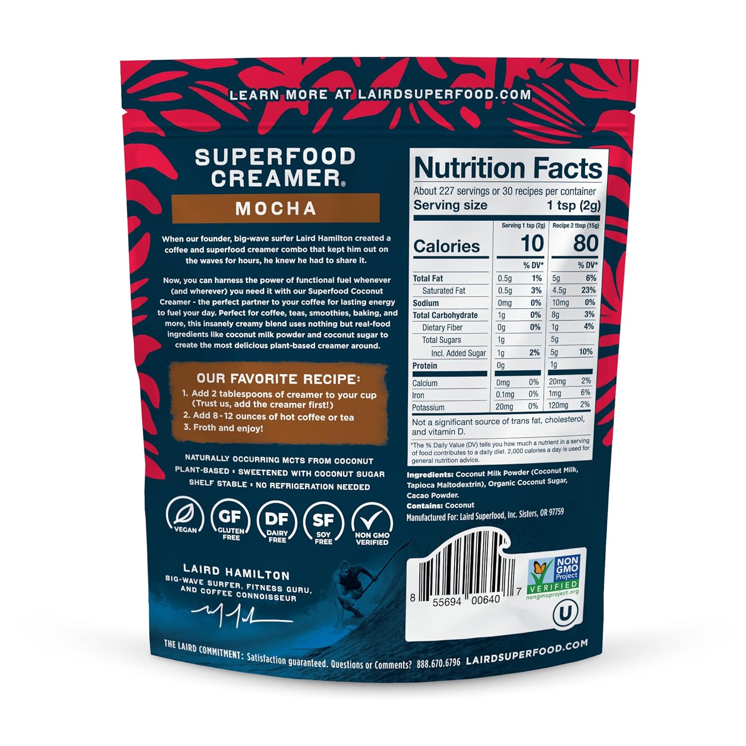 Laird Superfood Non-Dairy Coconut Powder Creamer - Sweet & Creamy + Adaptogens - Superfood Creamer with Functional Mushrooms - Non-GMO, Vegan, 8 oz. Bag, Pack of 1