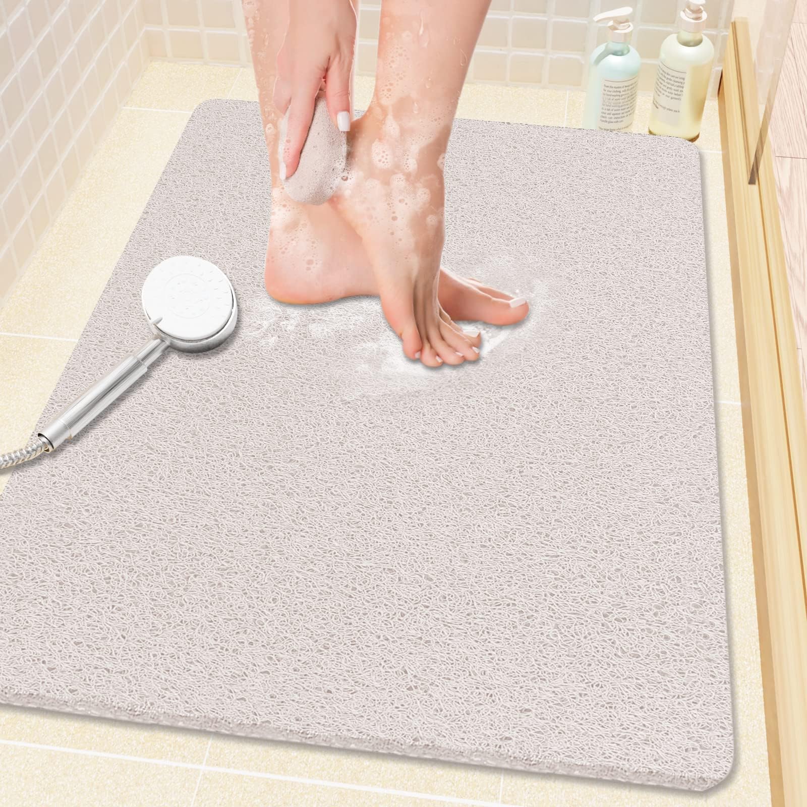 PVC Loofah Shower/Bathtub Mat Non-Slip, 24x16 inch, Soft Tub Mat with Drain, for Tub and Bathroom,Quick Drying,Grey