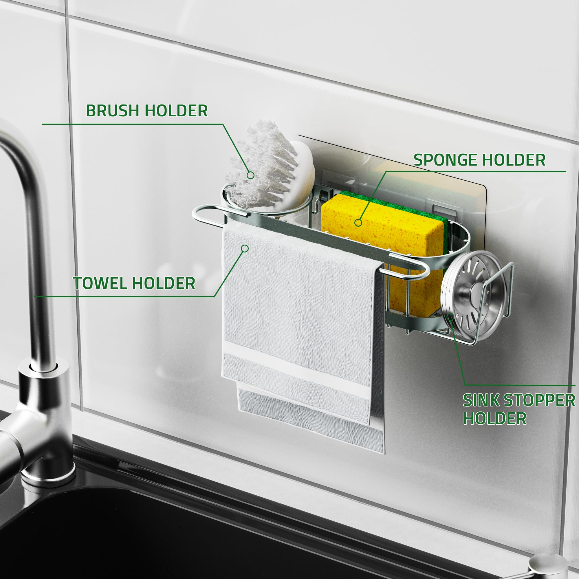 Cisily Organizador de Fregadero de Cocina con Soporte para Esponja en el Fregadero, Organizador de Fregadero de Cocina de Acero Inoxidable, Soporte para Cepillo, Percha para Paños de Platos, Soporte