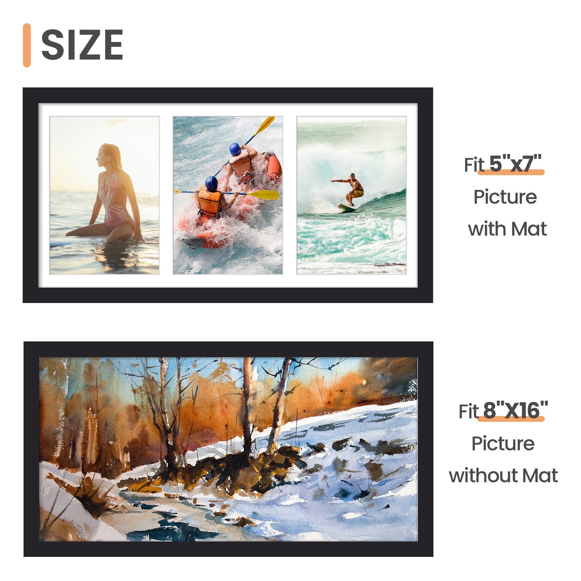 upsimples 8x16 Collage Picture Frame, Display Pictures 3 5x7 with Mat or 8x16 Without Mat, Wall Hanging 3 5x7 Picture Frame Collage Wall Decor, Black, 1 Pack