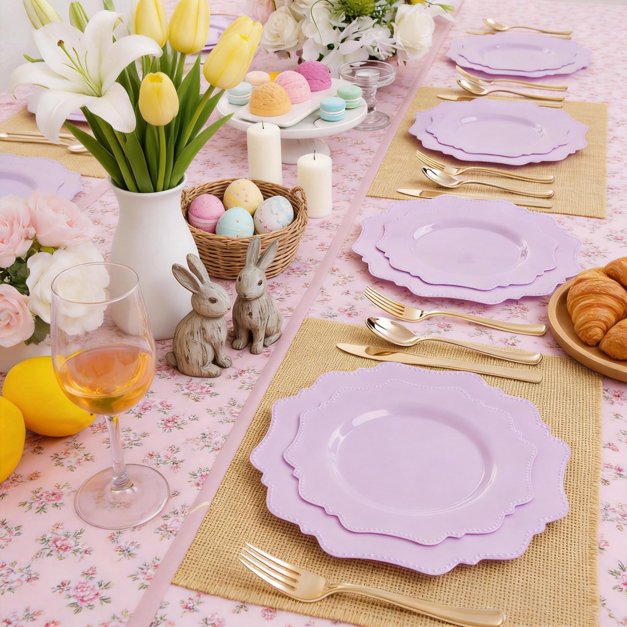 COLOSUS 60PCS White Plastic Plates for 30 guests-Fancy Plastic Beaded Plates,Plastic Plates for Party, Elegant White plates,Include 30 PCS 10.5" Dinner plates & 30PCS 8.25" Dessert plates for easter