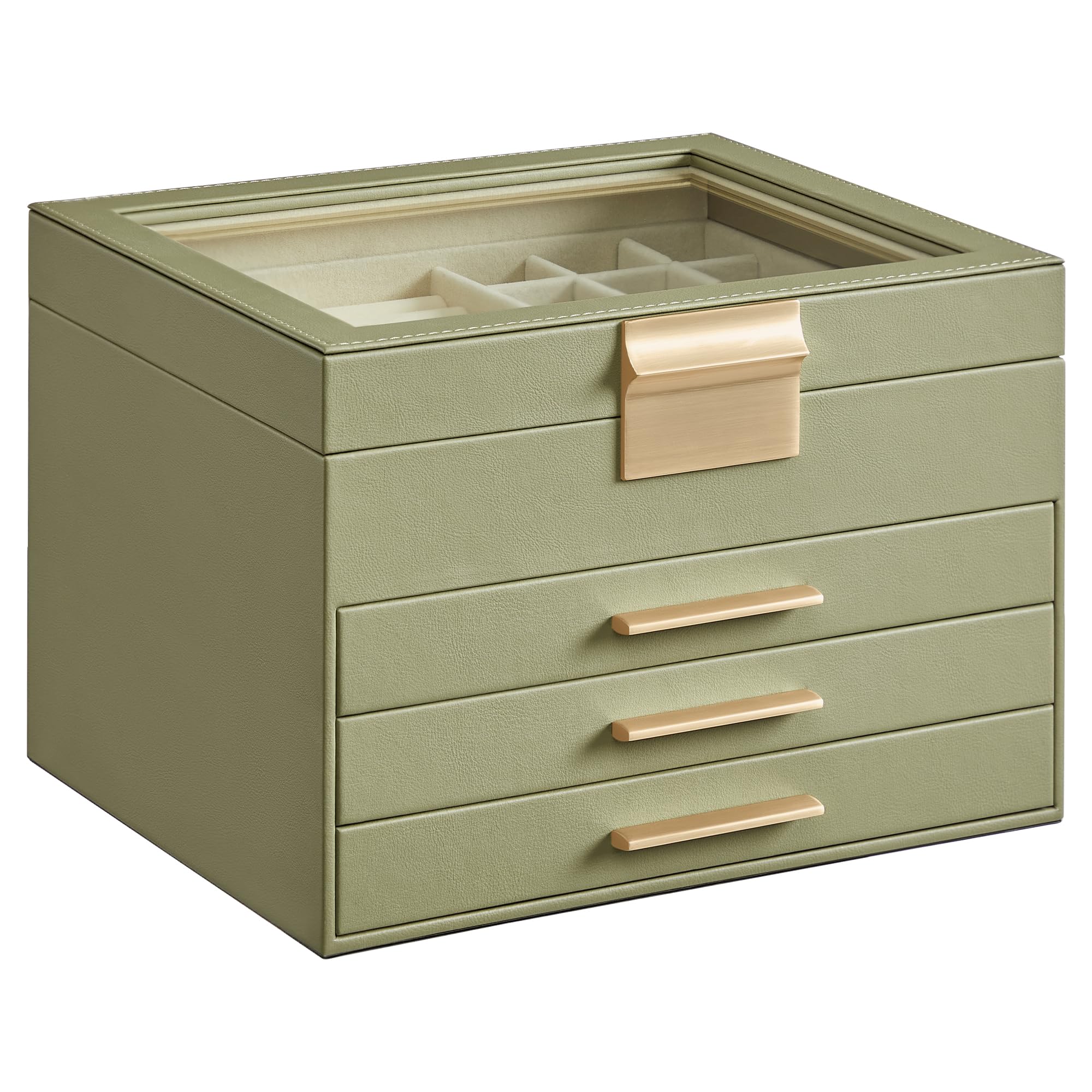 SONGMICS GISELLA Collection - Jewelry Box Organizer, 3-Layer Jewelry Storage with 2 Drawers, Shiny Metal Hardware, Glass Lid, Modern, 8 x 9.1 x 5.3 Inches, Cloud White and Gold Color UJBC239WT
