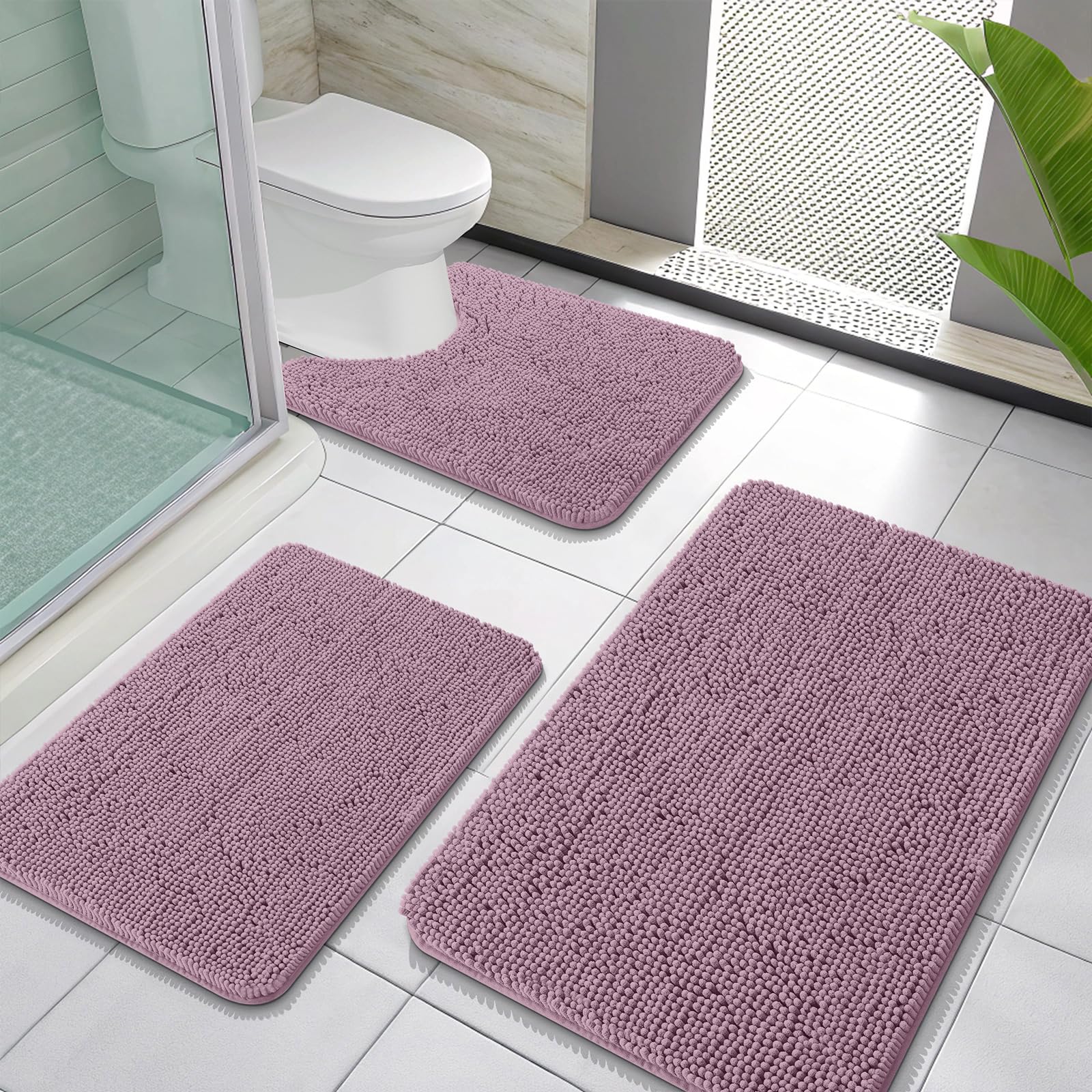 OLANLY Bathroom Rugs Sets 3 Piece, Soft Absorbent Chenille Bath Mats and U-Shaped Contour Toilet Rug, Quick Dry, Home Decor Accessories, Bath Mat Set for Bathroom (30"x20"+24"x16"+24"x20", Grey)
