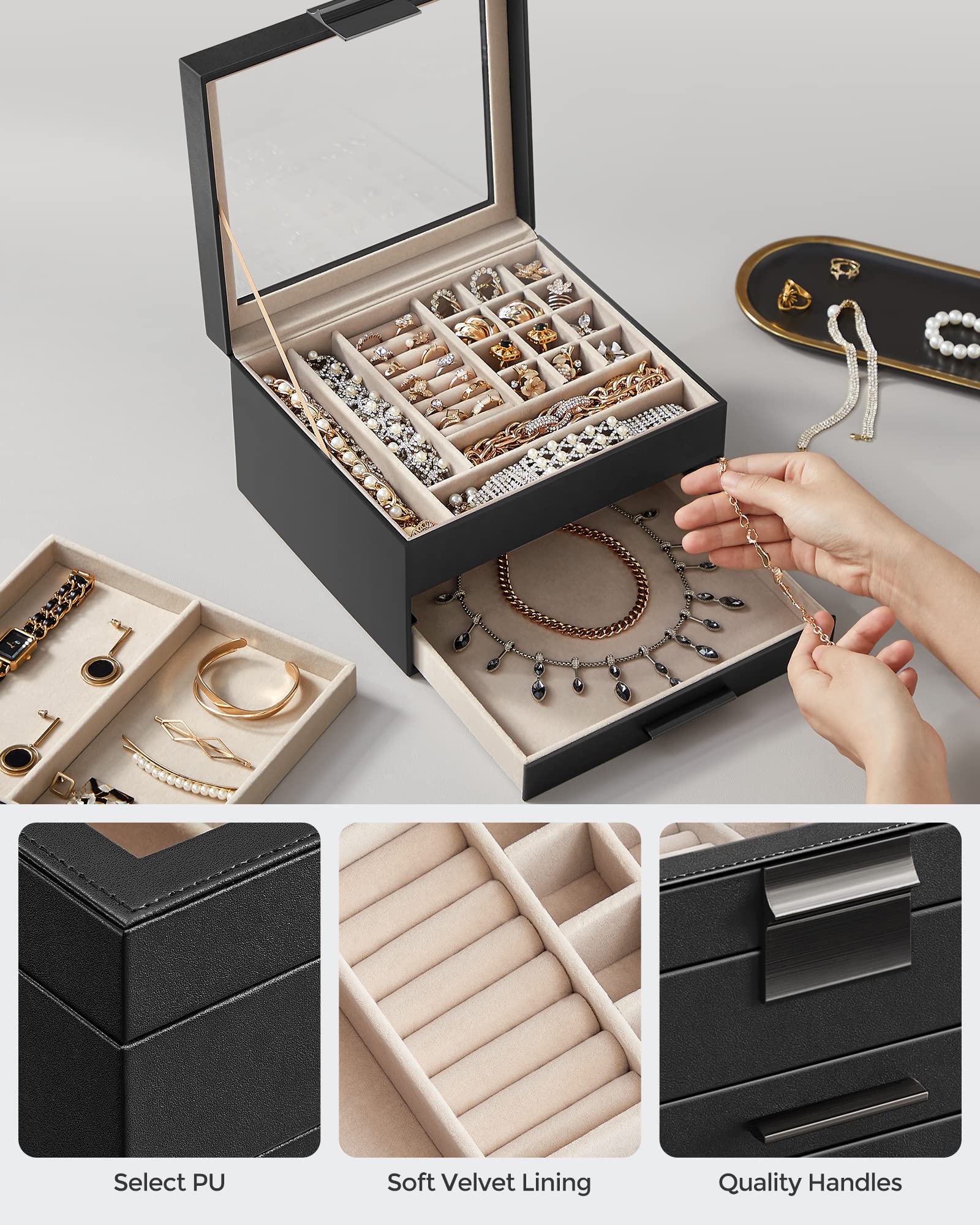 SONGMICS GISELLA Collection - Jewelry Box Organizer, 3-Layer Jewelry Storage with 2 Drawers, Shiny Metal Hardware, Glass Lid, Modern, 8 x 9.1 x 5.3 Inches, Cloud White and Gold Color UJBC239WT