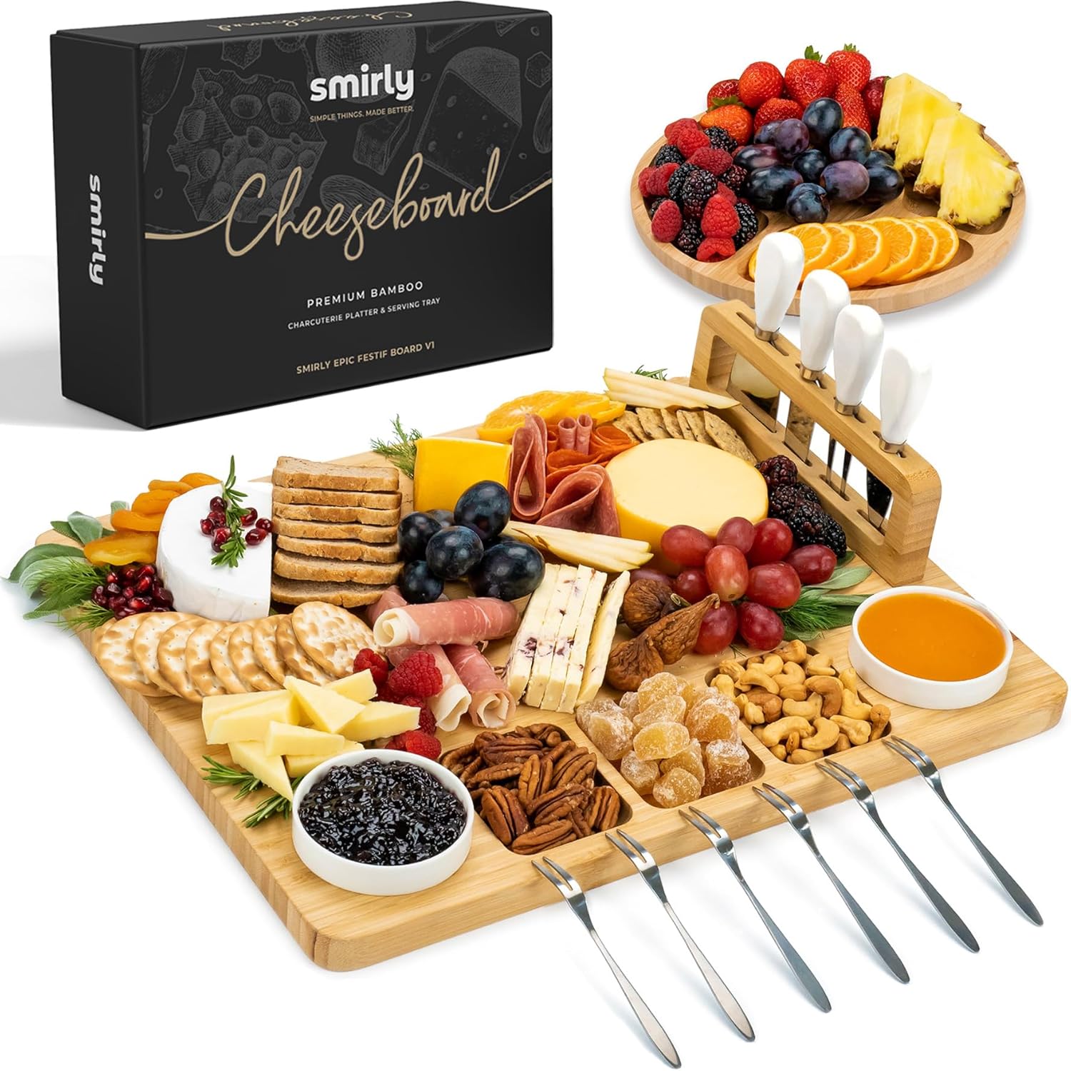 SMIRLY Charcuterie Board Set: Bamboo Rectangular Rustic Brown Cheese Board with Charcuterie Accessories & Round Fruit Tray - Perfect for Entertaining, Gifting, and Serving