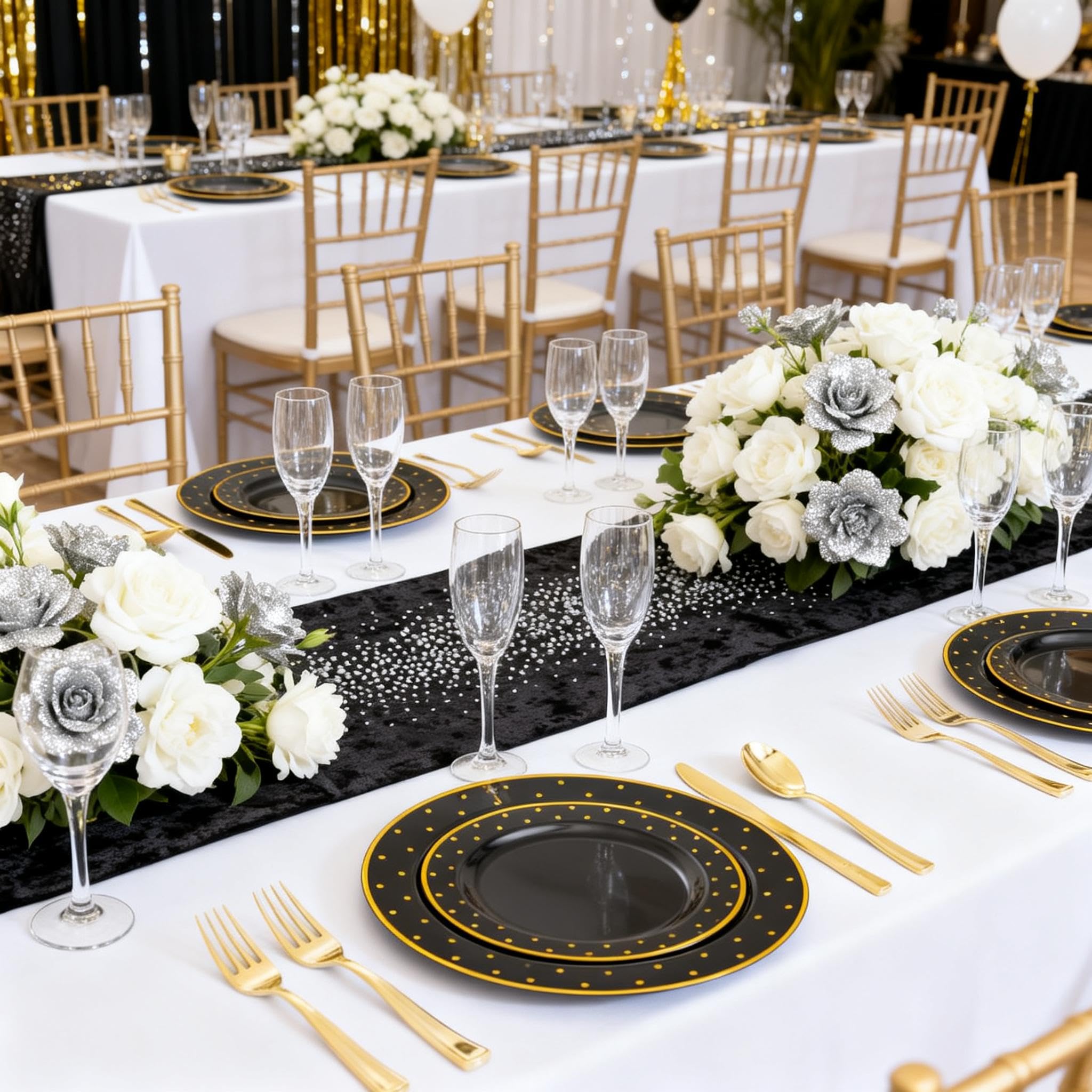 DaYammi 150Pcs Gold Plastic Plates with Disposable Silverware,White Gold Disposable Dinnerware Set - 30 Dinner Plate,30 Dessert Plate,90 Gold Cutlery with White Handles,Fancy Plates for Party Wedding