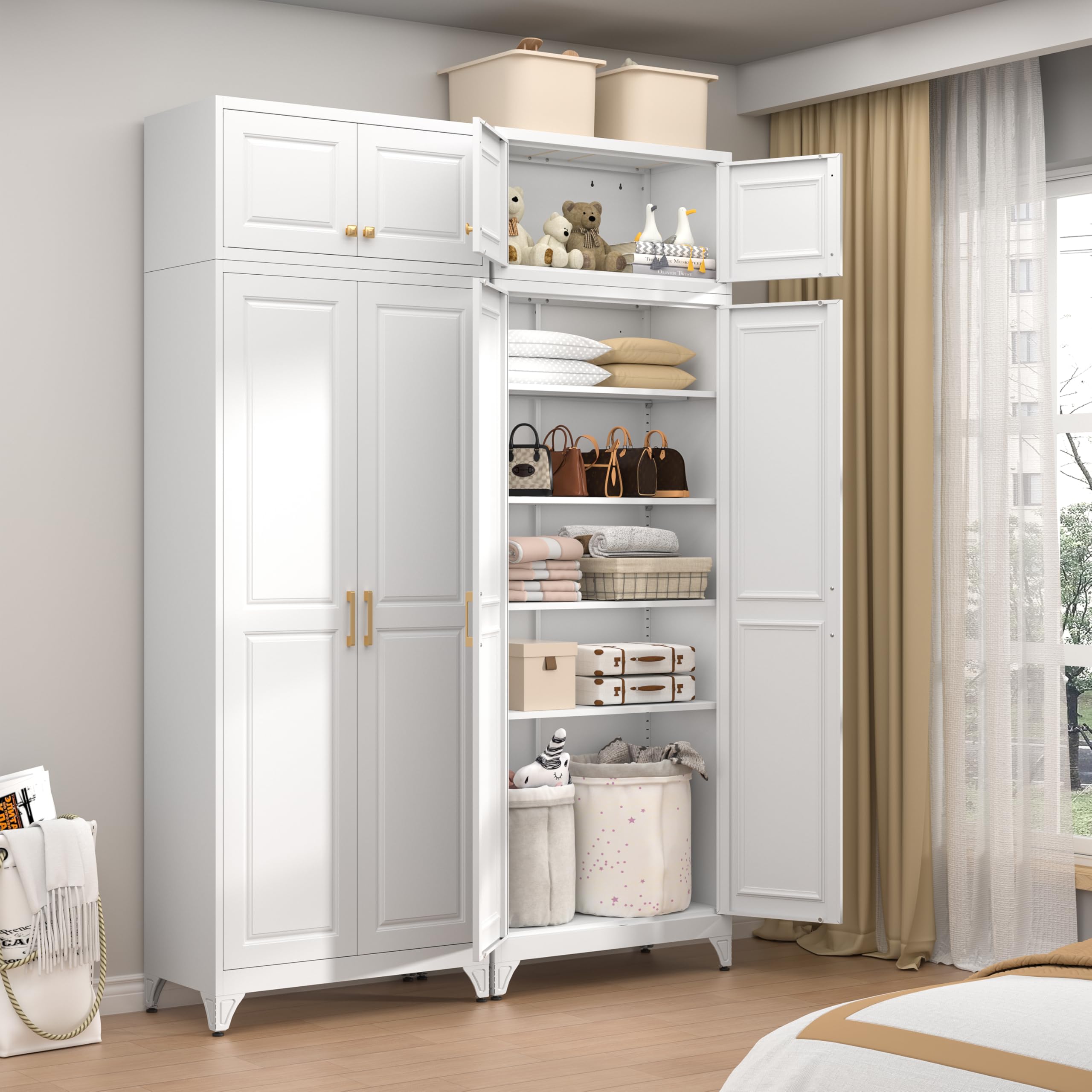 75" Tall Metal Kitchen Storage Cabinet,White Kitchen Pantry Storage Cabinet with Doors and 4 Adjustable Shelves,Utility Cabinet for Living Room,Garage,Dining Room and Office,Assemble Required