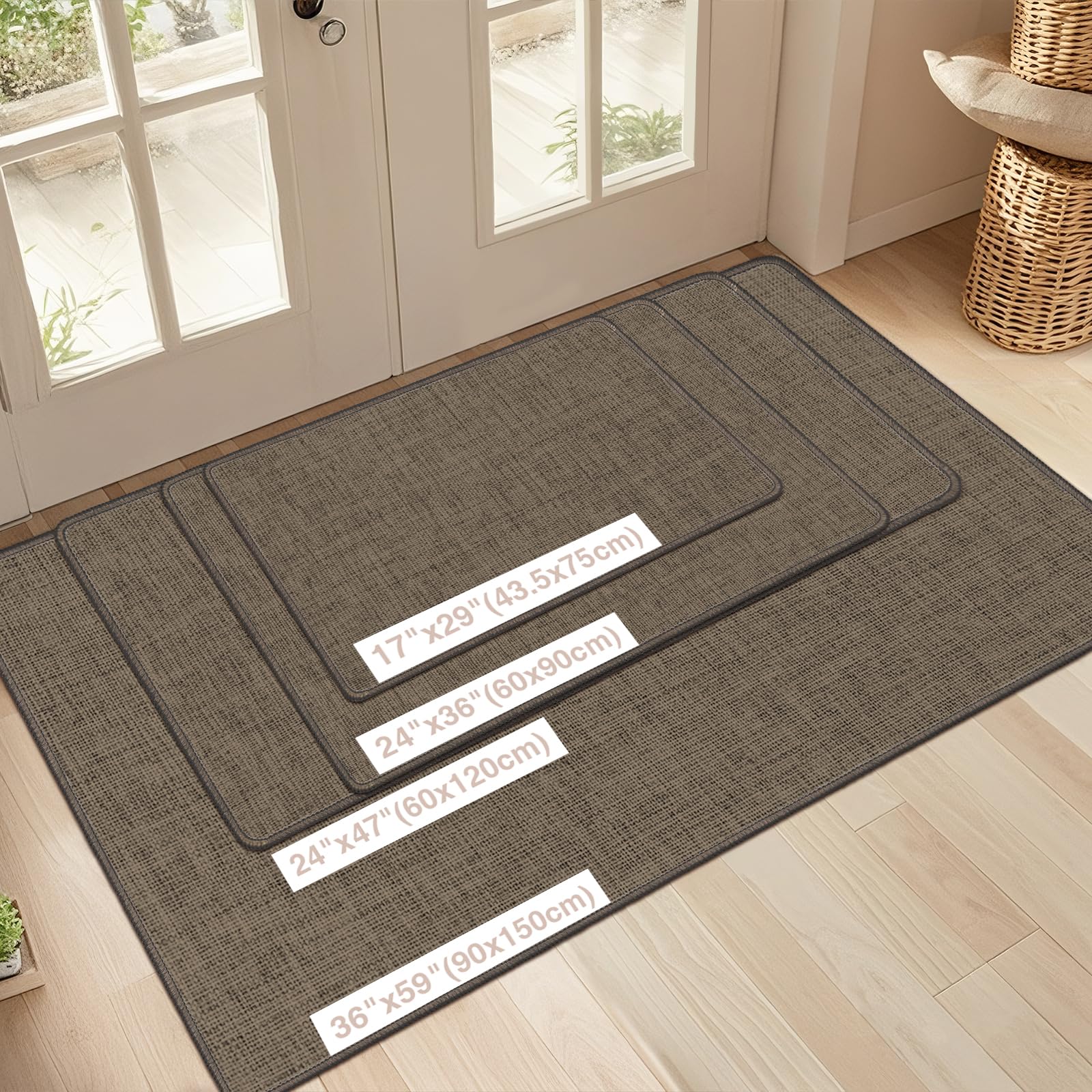 LEKEEPGO Ultra Thin Indoor Door Mat 17"x29", Low-Profile Door Mat Indoor Entrance, Non Slip Rubber Backing Inside Doormat Washable Welcome Front Entryway Dirt Trapper Entry Mat, Khaki