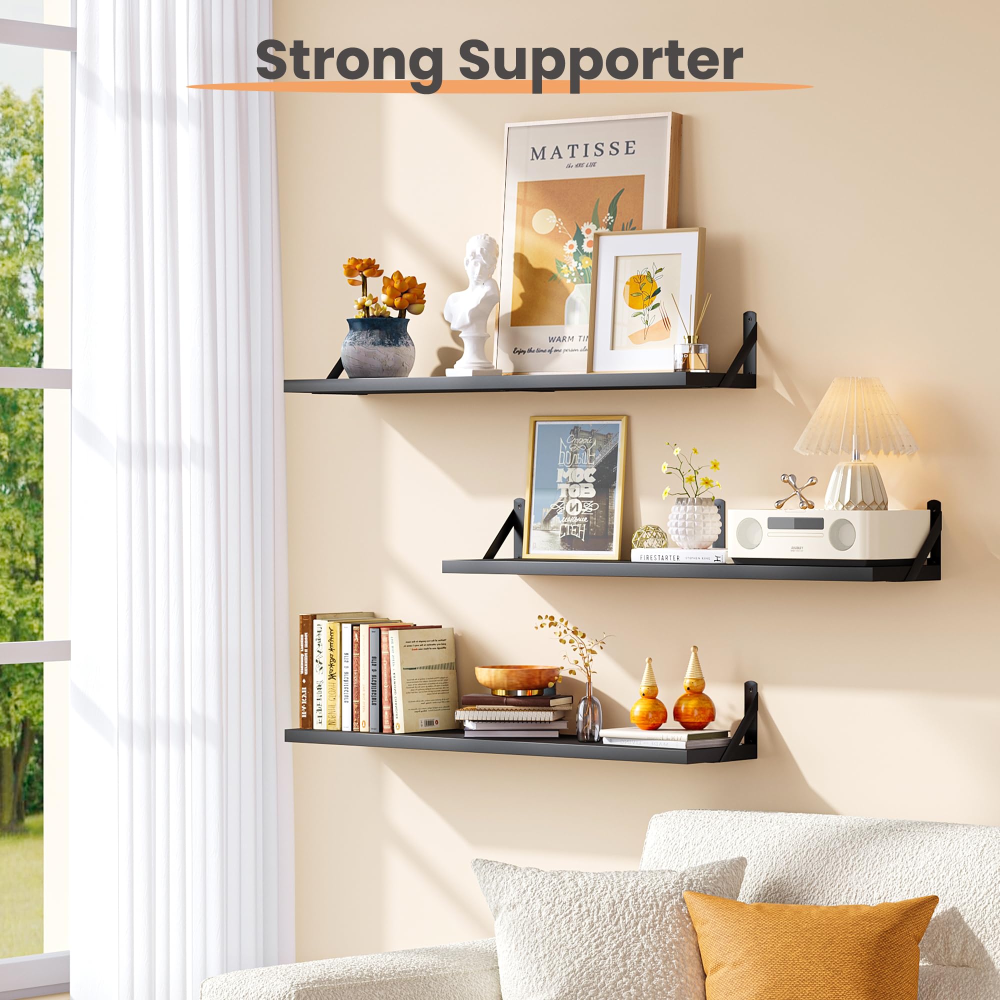 upsimples Floating Book Shelves for Wall, 15.7 Inches Wood Shelves for Living Room, Bathroom, Bedroom, Kitchen Storage and Decoration, White