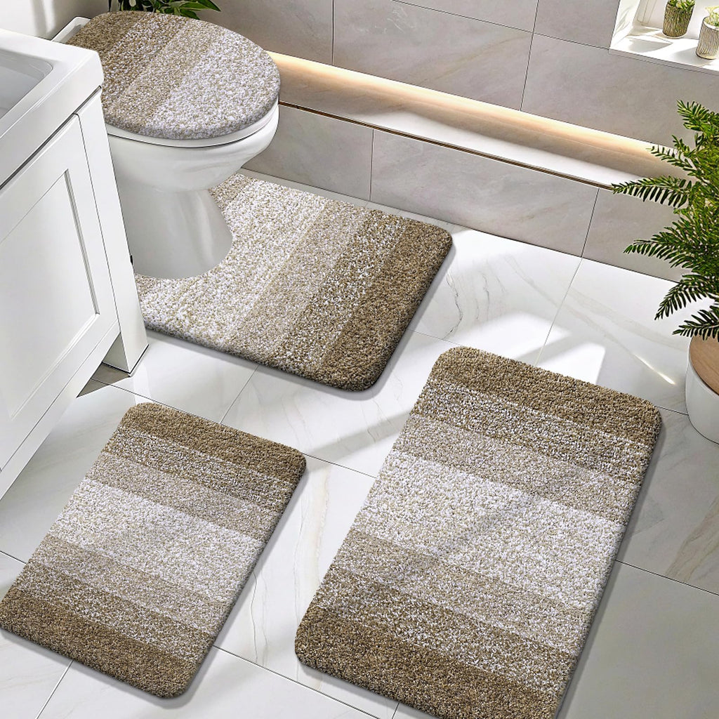 OLANLY Bathroom Rugs Sets 4 piece, Soft Microfiber Absorbent Bath Mat, U-Shaped Contour Toilet Mat and Toilet Lid Cover, Quick Dry, Machine Washable, Toilet Cover and Rug Set for Bathroom, Grey