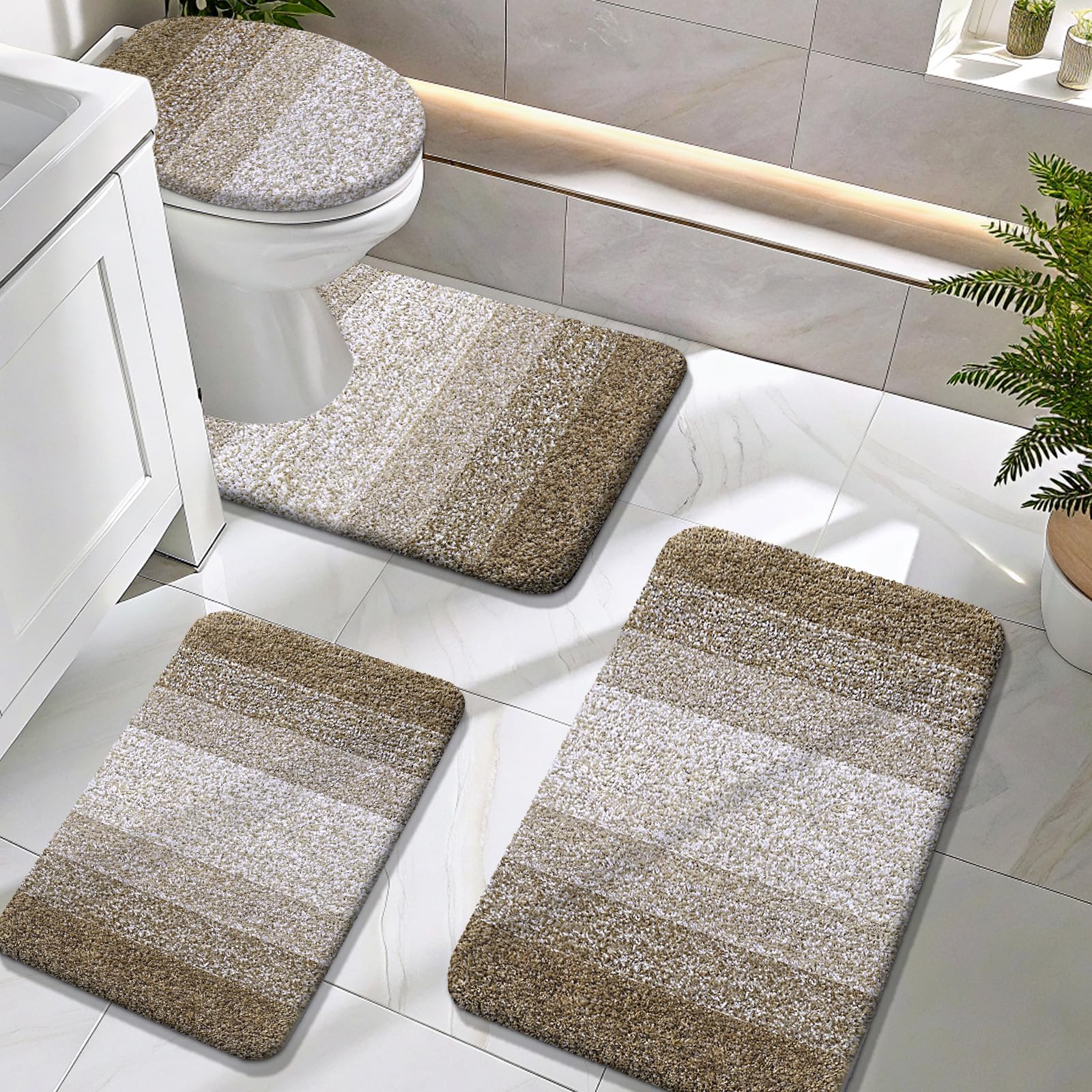 OLANLY Bathroom Rugs Sets 4 piece, Soft Microfiber Absorbent Bath Mat, U-Shaped Contour Toilet Mat and Toilet Lid Cover, Quick Dry, Machine Washable, Toilet Cover and Rug Set for Bathroom, Grey