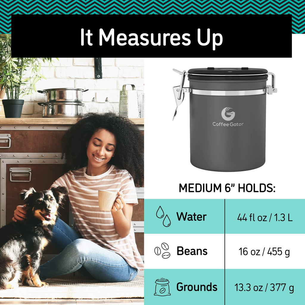 Coffee Gator Stainless Steel Canister - Medium 16oz, Gray Coffee Grounds and Beans Container with Date-Tracker, CO2-Release Valve, and Measuring Scoop - Ideal Coffee Lovers Gifts