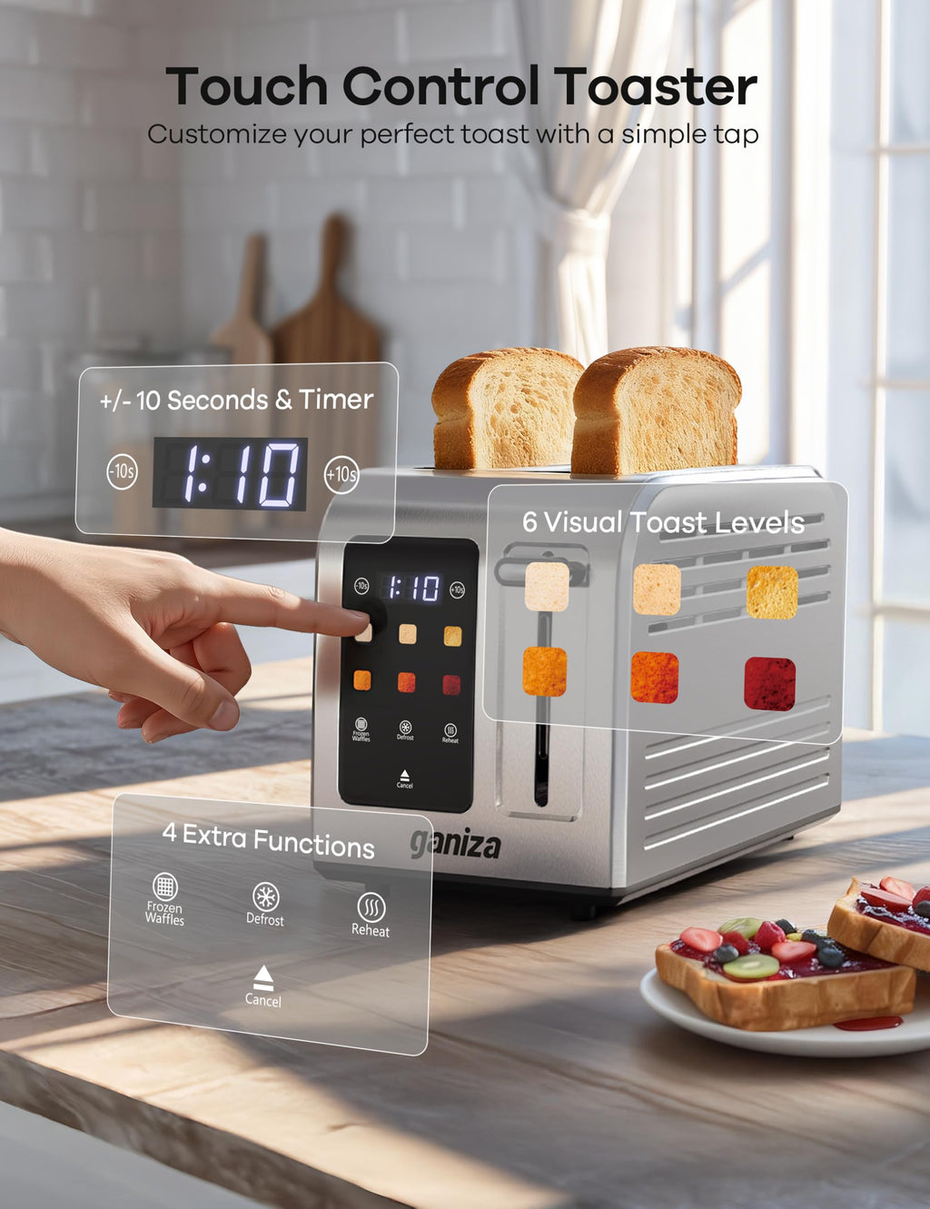 Ganiza Smart Toaster 2 Slice with Touchscreen, Digital Countdown Timer, Touch Screen Toaster Wide Slot, Full Stainless Steel, Defrost Reheat Cancel, +/-10s Fine-Tune, Removable Crumb Tray, Max 925W