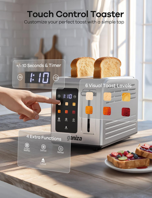 Ganiza Smart Toaster 2 Slice with Touchscreen, Digital Countdown Timer, Touch Screen Toaster Wide Slot, Full Stainless Steel, Defrost Reheat Cancel, +/-10s Fine-Tune, Removable Crumb Tray, Max 925W