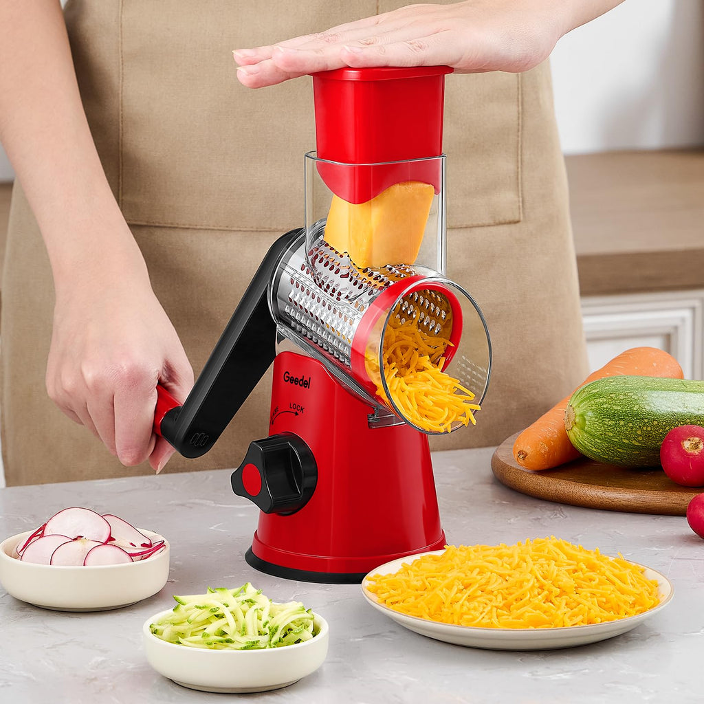 Geedel Rotary Cheese Grater, Kitchen Mandoline Vegetable Slicer with 3 Interchangeable Blades, Easy to Clean Rotary Grater Slicer for Fruit, Vegetables, Nuts