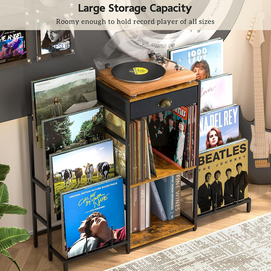ThreeHio Record Player Stand,Turntable Stand with Vinyl Record Storage, Record Player Table with Vinyl Display Holder Shelf, vinyl Table for Living Room