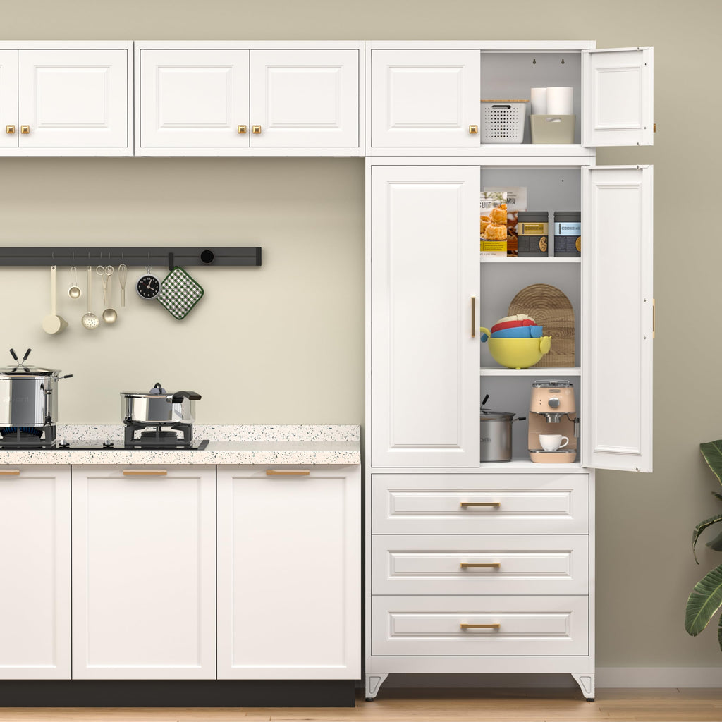75" Tall Metal Kitchen Storage Cabinet,White Kitchen Pantry Storage Cabinet with Doors and 4 Adjustable Shelves,Utility Cabinet for Living Room,Garage,Dining Room and Office,Assemble Required