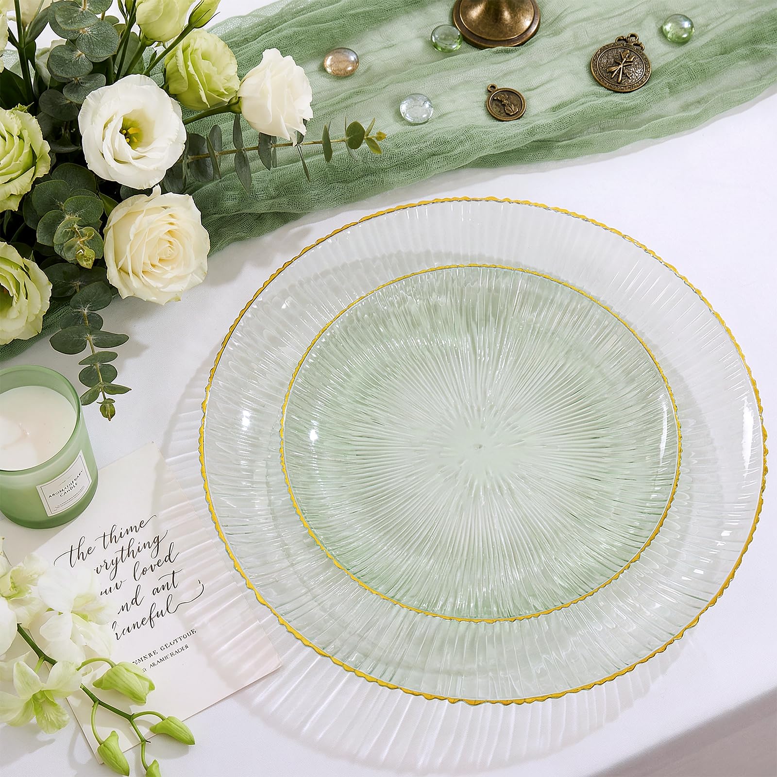 DaYammi 60Pcs Sage Green Plastic Plates with Gold Rim,Disposable Plates Set Includes 30 Dinner Plate & 30 Salad Plate,Fancy Green Party Plates with Radial Texture for Party Wedding Dinner