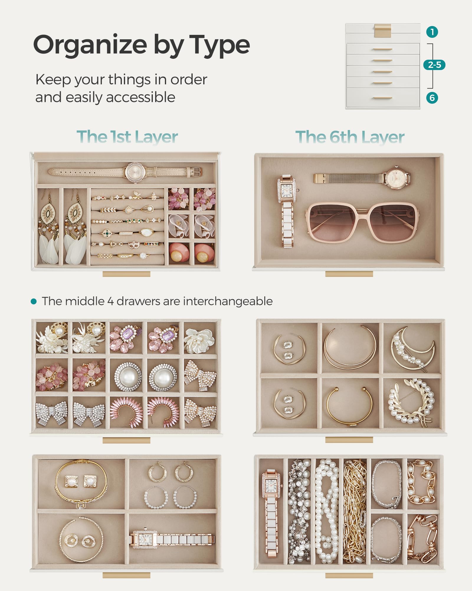 SONGMICS GISELLA Collection - Jewelry Box Organizer, 3-Layer Jewelry Storage with 2 Drawers, Shiny Metal Hardware, Glass Lid, Modern, 8 x 9.1 x 5.3 Inches, Cloud White and Gold Color UJBC239WT