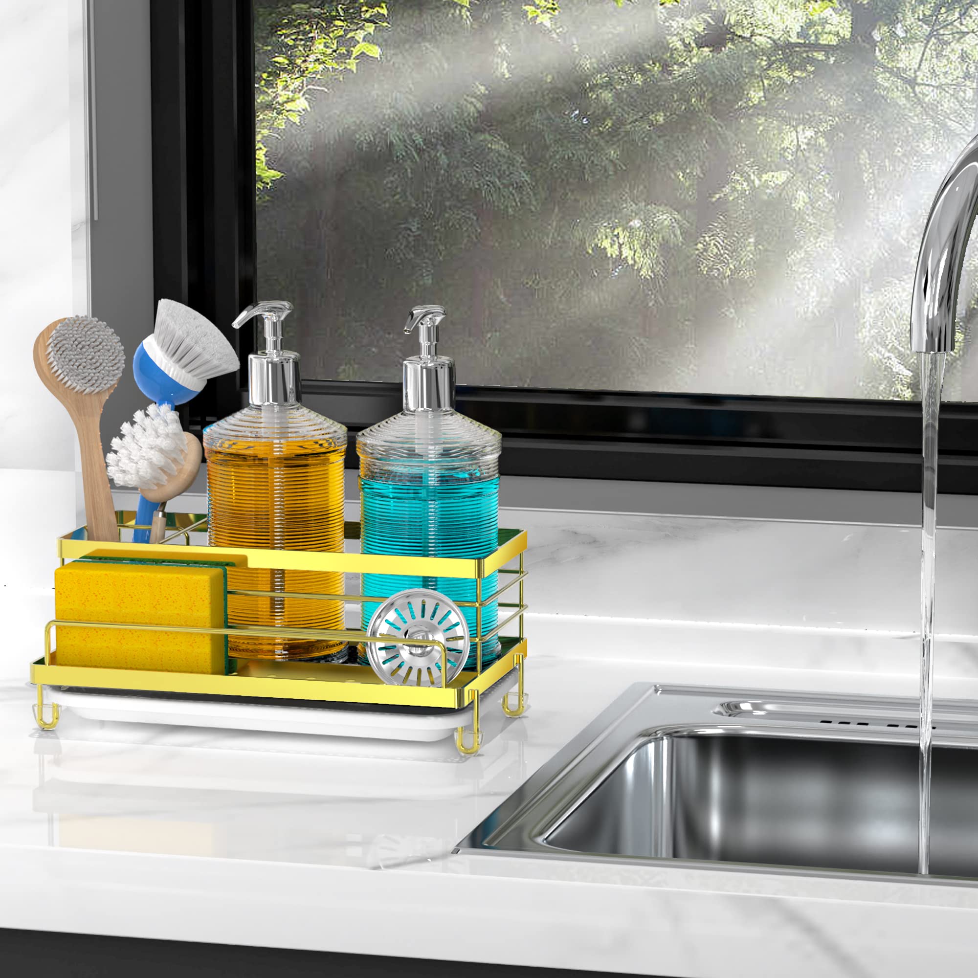 Cisily Black Sponge Holder for Kitchen, Sink Caddy Sink Organizer Rack for Kitchen Accessories with Drip Tray, Rustproof and Non-slip, Soap Dispenser Countertop Organizer Essentials for New Home