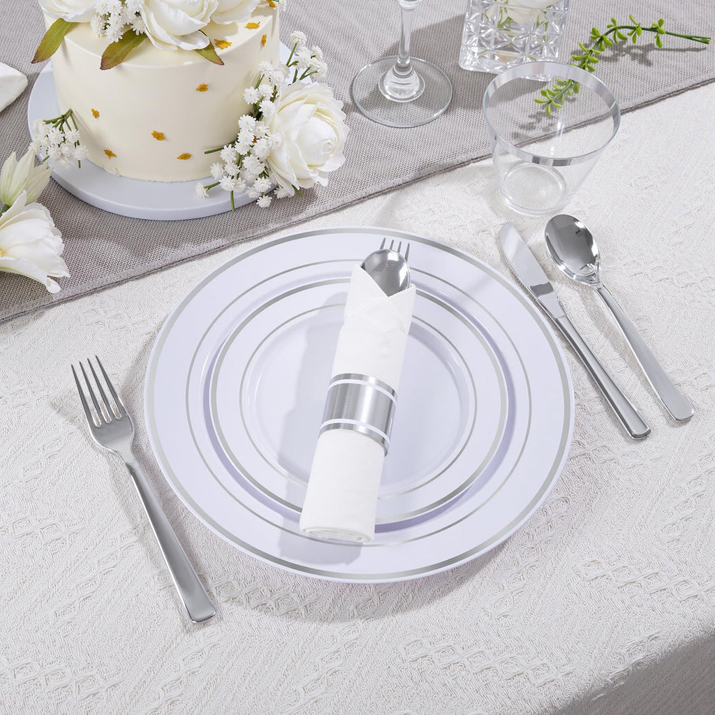 DaYammi 350PCS Gold Plastic Dinnerware Set for 50 Guests, Fancy Disposable Plates for Party, Include: 50 Dinner Plates, 50 Dessert Plates, 50 Pre Rolled Napkins with Gold Silverware, 50 Cups