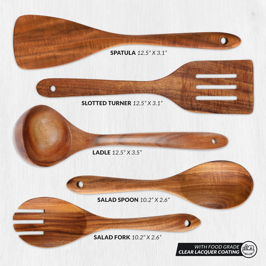 Zulay Kitchen 6 Piece Wooden Spoons for Cooking – Natural Teak Wooden Utensil Set, Easy to Clean, Durable, Smooth with Comfort Grip - Non Toxic Wooden Cooking Utensil Sets