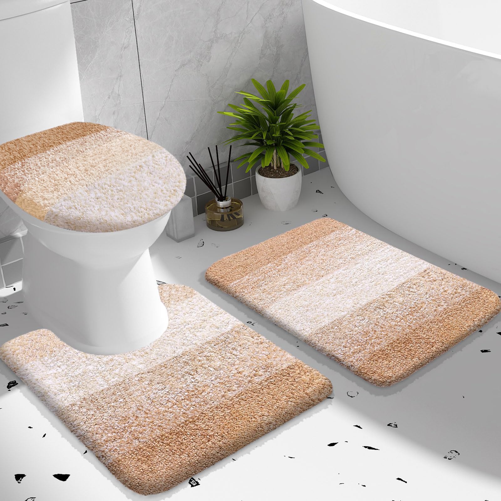 OLANLY Bathroom Rugs Sets 3 piece, Soft Microfiber Absorbent Bath Mat, U-Shaped Contour Toilet Mat and Toilet Lid Cover, Quick Dry, Machine Washable, Toilet Cover and Rug Set for Bathroom, Grey
