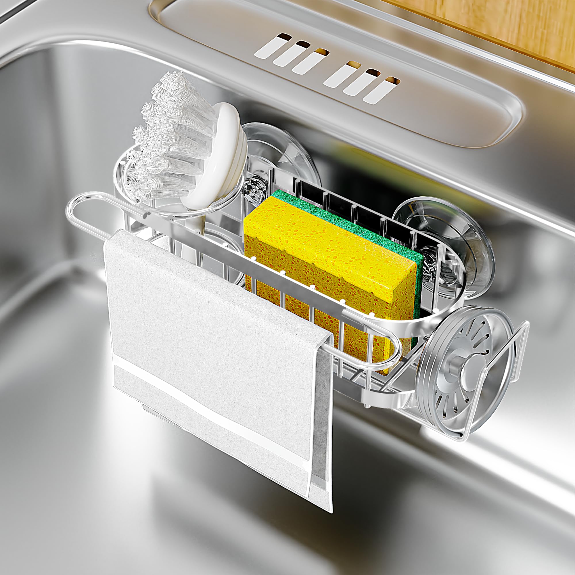 Cisily Organizador de Fregadero de Cocina con Soporte para Esponja en el Fregadero, Organizador de Fregadero de Cocina de Acero Inoxidable, Soporte para Cepillo, Percha para Paños de Platos, Soporte