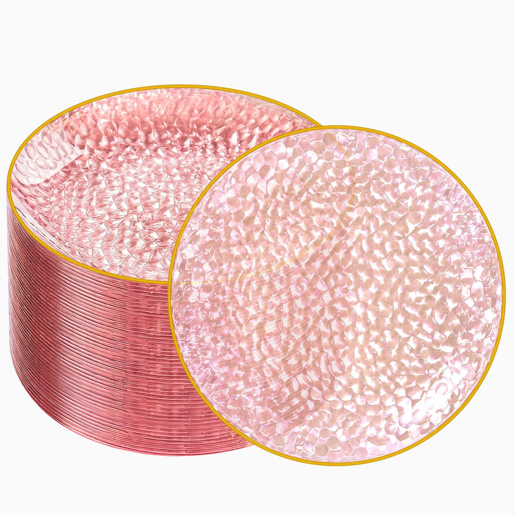 DaYammi 100 Pcs Clear Gold Plastic Plates, Hammered Party Plate, Fancy Plastic Plates Disposable Clear Disposable Dessert Platos, 7 Inch Heavy duty Plastic Dessert Platos for Party & Wedding