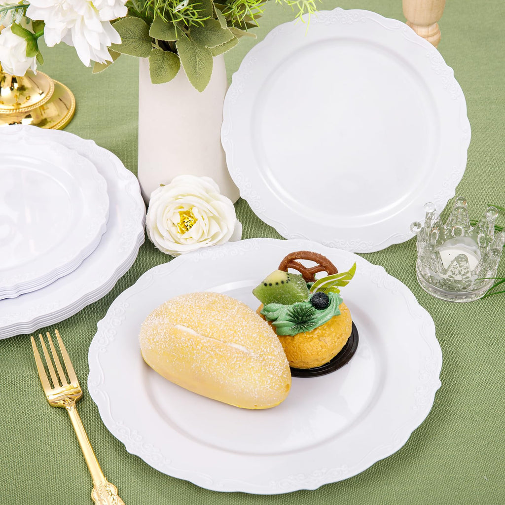 DaYammi 150Pcs Ivory Plastic Plates with Gold Rim,Disposable Plastic Plates Include 30 Dinner Plate,30 Salad Plate,30 Forks,30 Spoons,30 Knives,Ivory and Gold Plates for Party,Wedding,Mother's Day